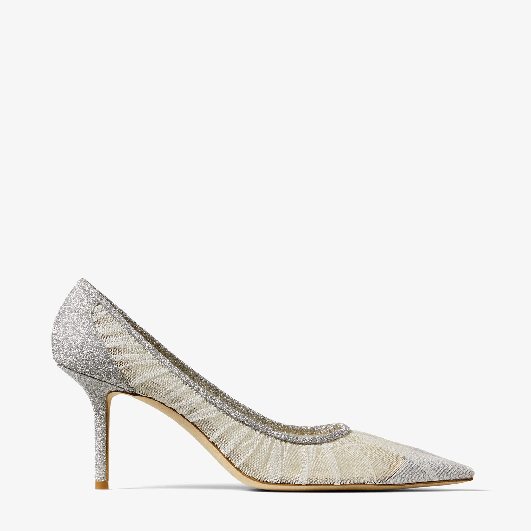 Metallic Silver Glitter Fabric Pumps with Ivory Tulle Overlay