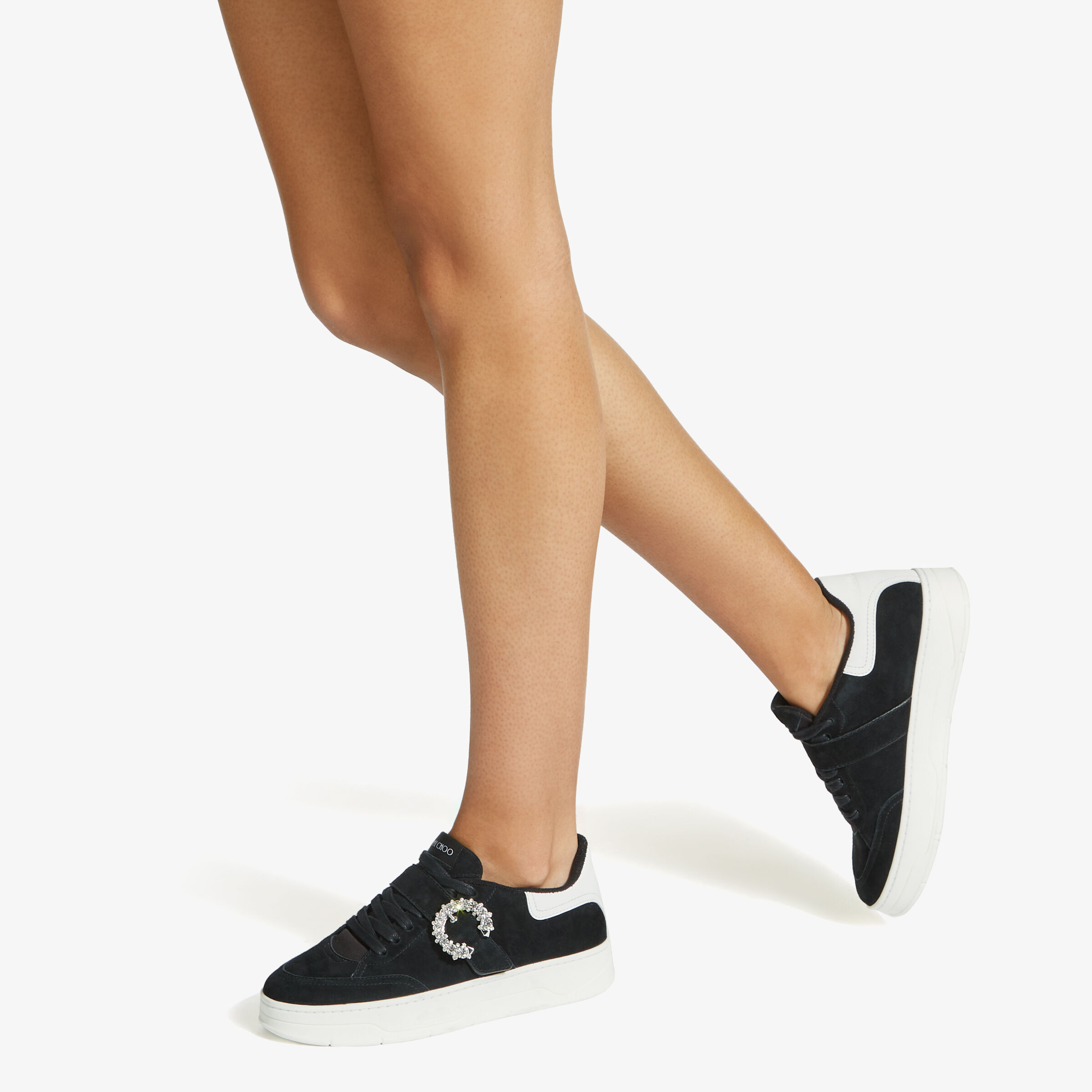 Black Suede and White Calf Leather Low Top Trainers with Crystal ...