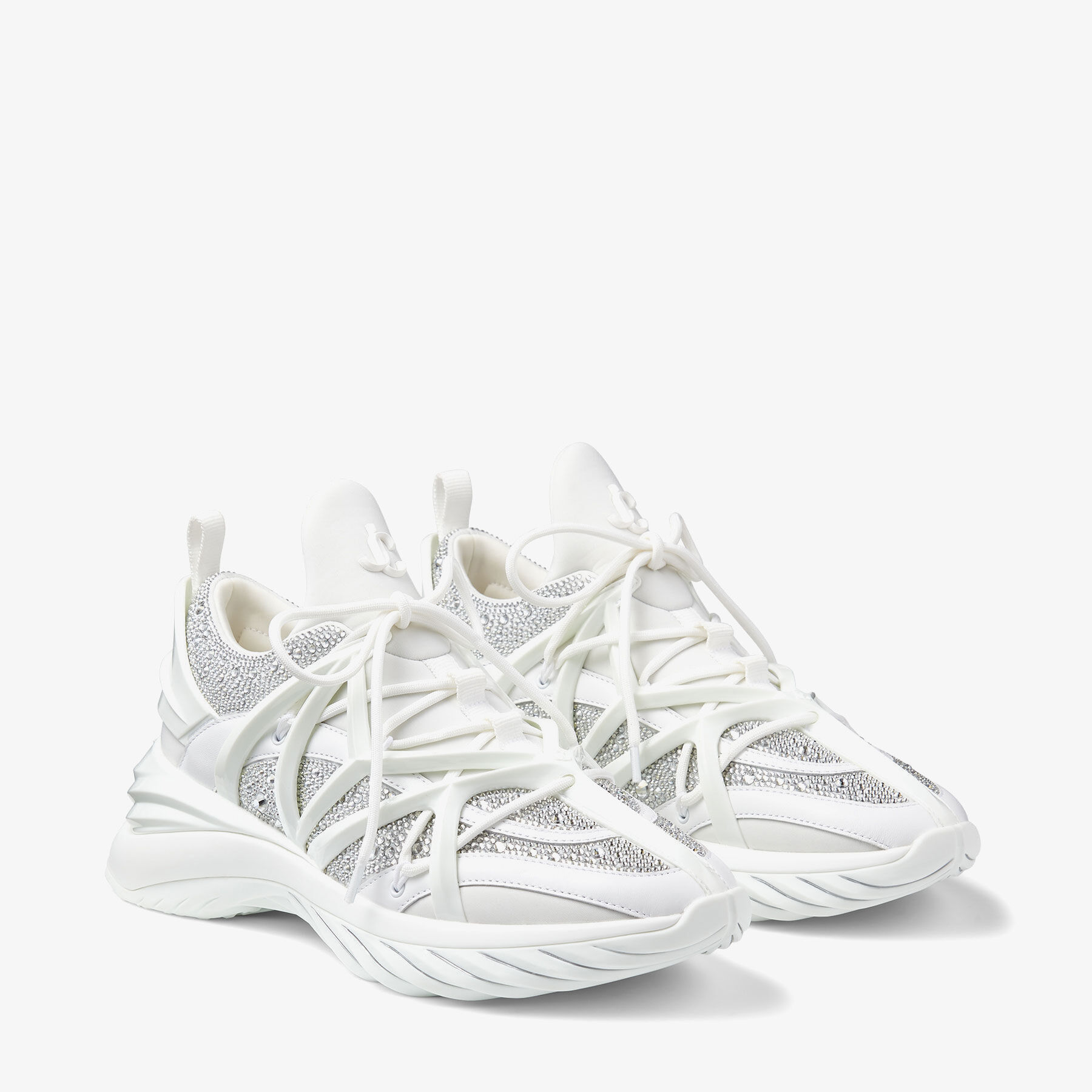 White Neoprene and Leather Low-Top Trainers with Crystals | COSMOS 