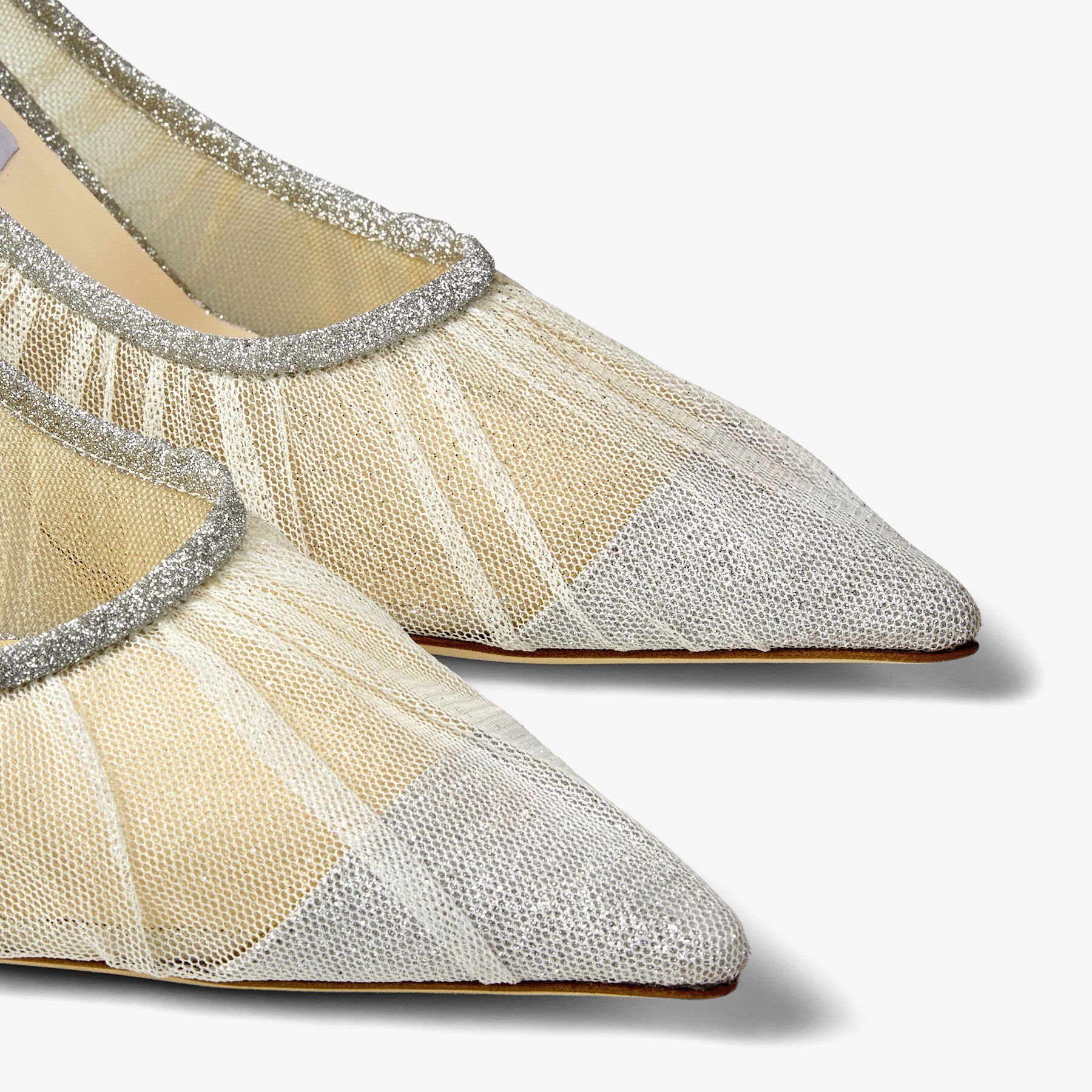 Metallic Silver Glitter Fabric Pumps with Ivory Tulle Overlay