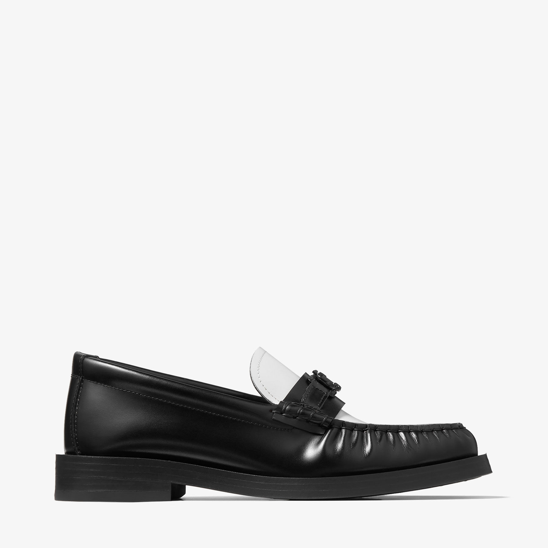 Addie JC Black and Latte Box Calf Leather Flat Loafers with JC