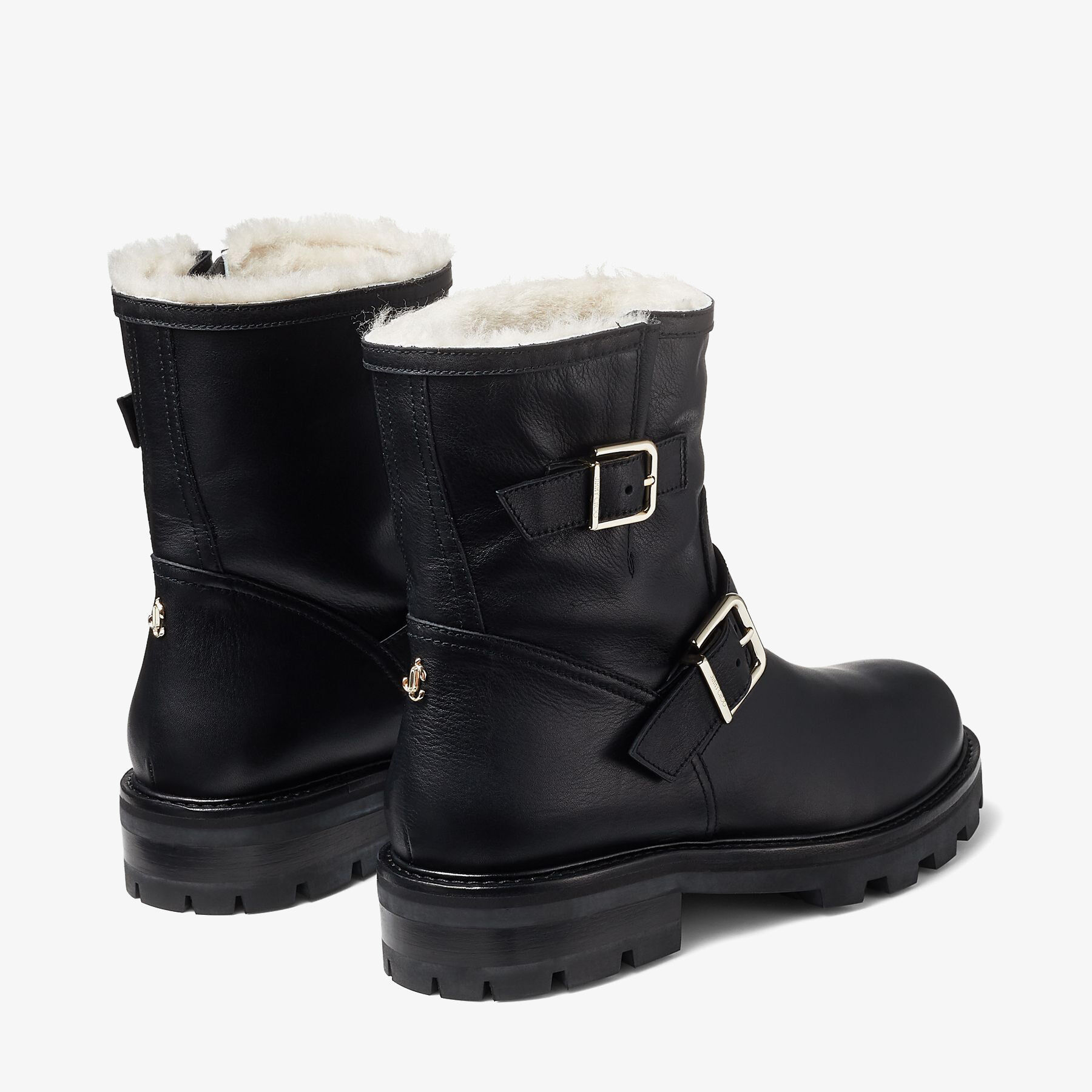 Black Smooth Leather Biker Boots with Gold Buckles and Shearling Lining YOUTH II Autumn Winter 2020 JIMMY CHOO