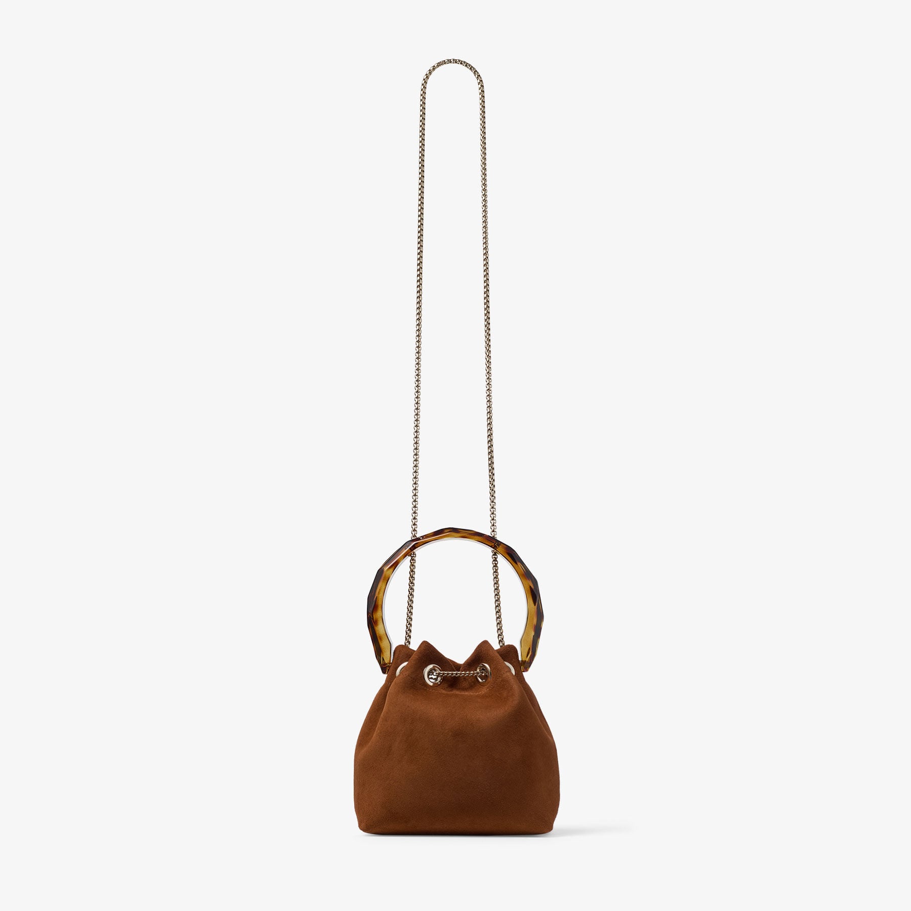 Bon Bon | Tan Suede Bucket Bag with Bead Closure and Tortoishell