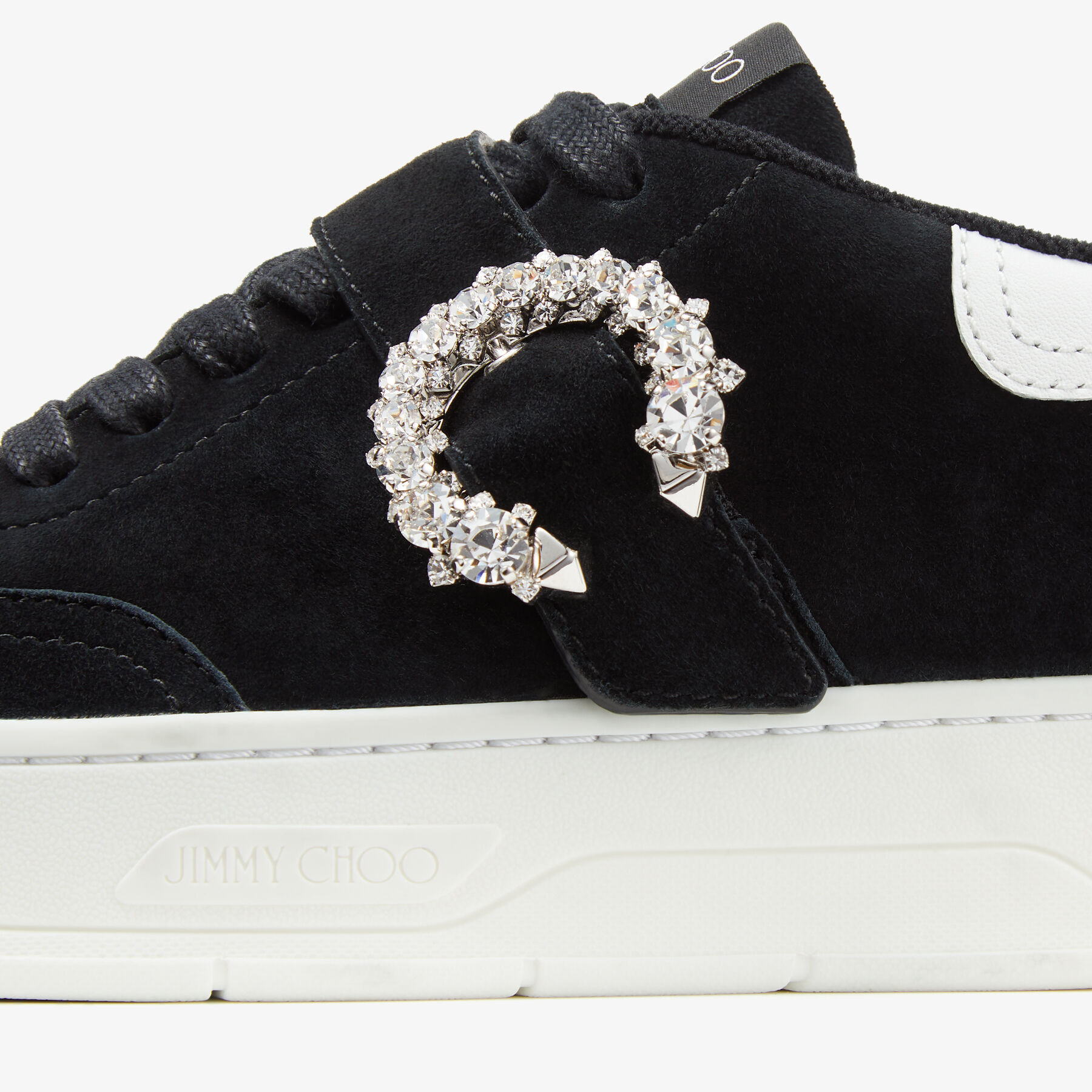 Black Suede and White Calf Leather Low Top Trainers with Crystal ...