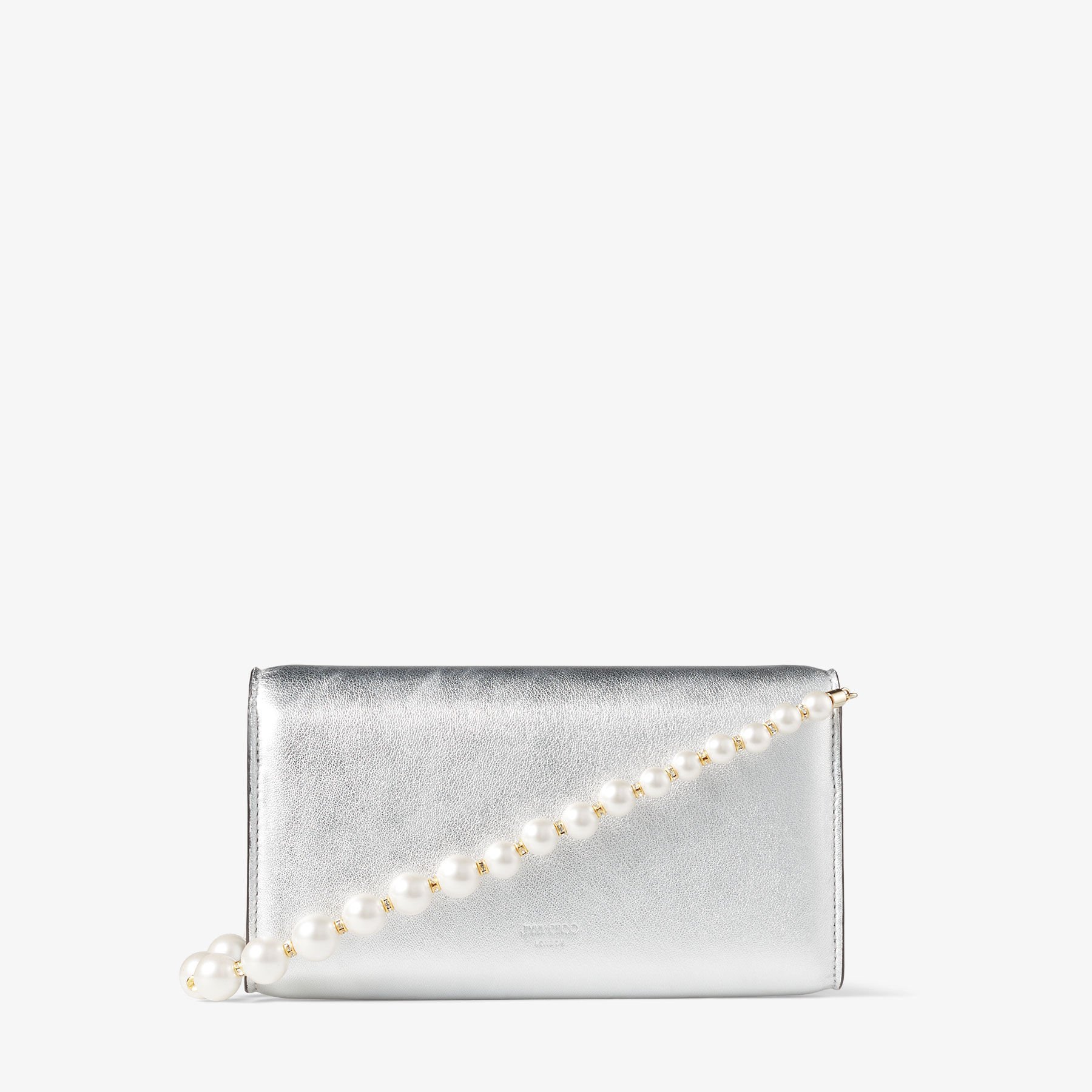 AVENUE WALLET/CHAIN | Silver Metallic Nappa Leather Wallet with Pearl Strap  | Summer Collection | JIMMY CHOO