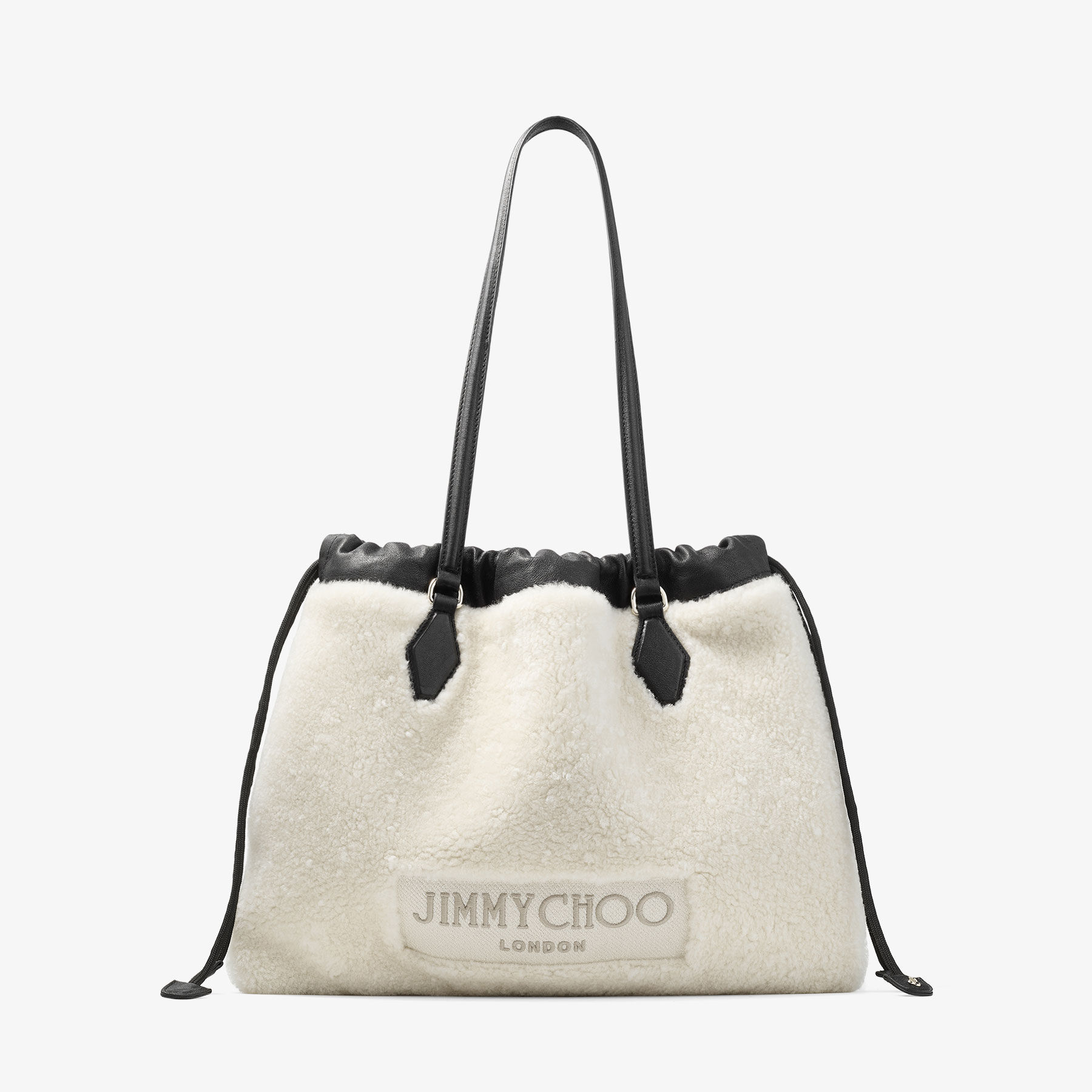 Drawstring Tote M | Natural Shearling Drawstring Tote with Leather