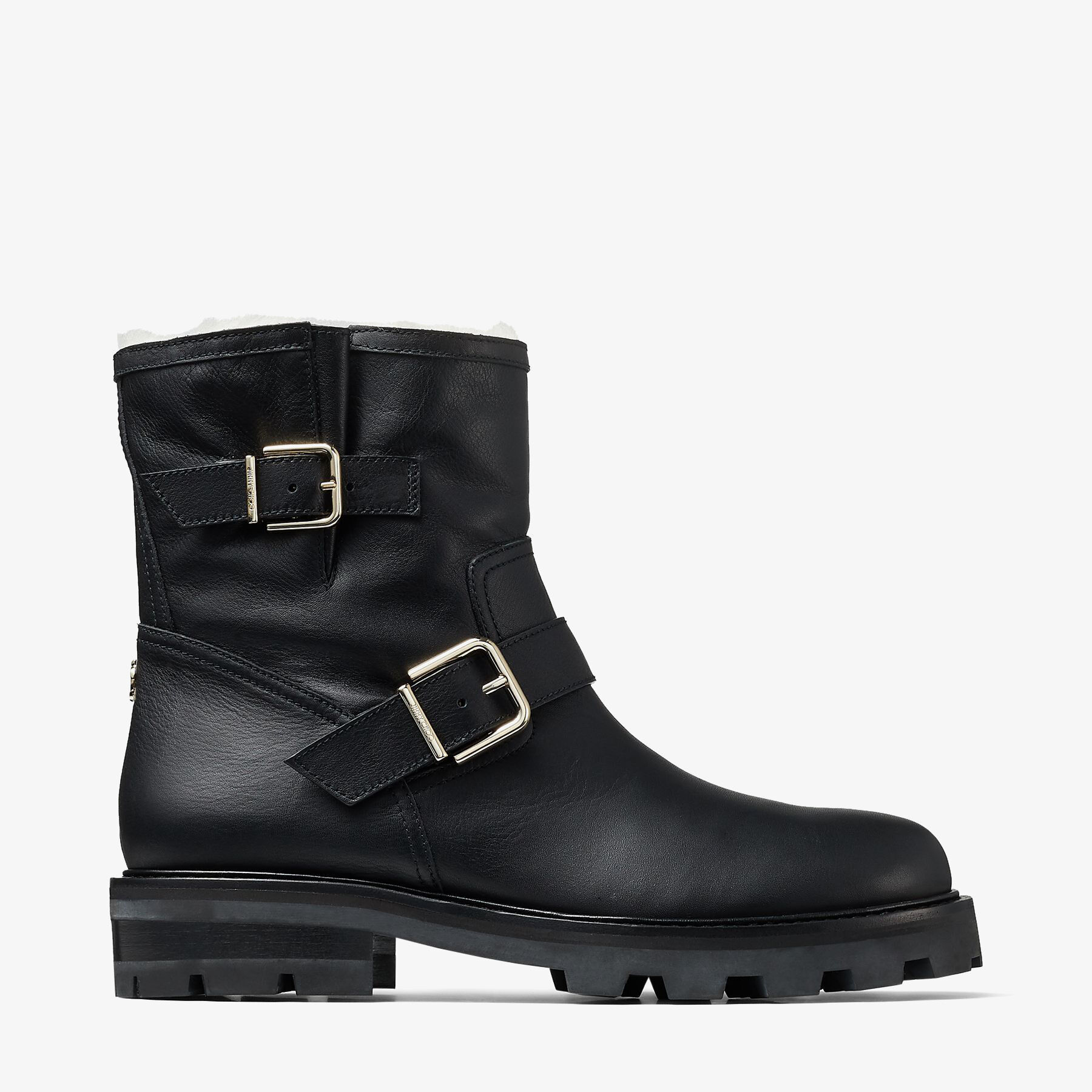 Black Smooth Leather Biker Boots with Gold Buckles and Shearling Lining YOUTH II Autumn Winter 2020 JIMMY CHOO