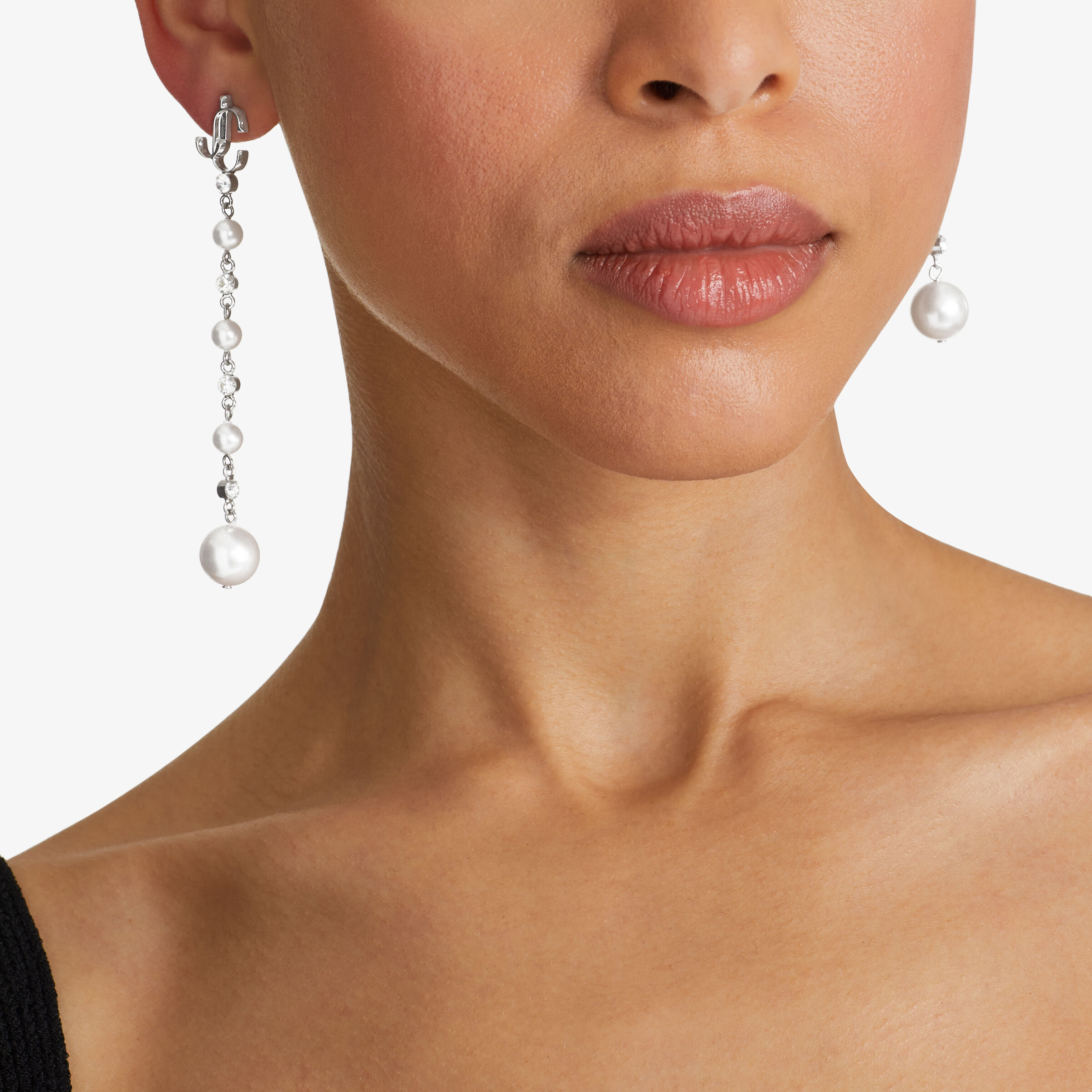 Silver Finish Metal Pearl Drop Earrings with crystals JC Drop