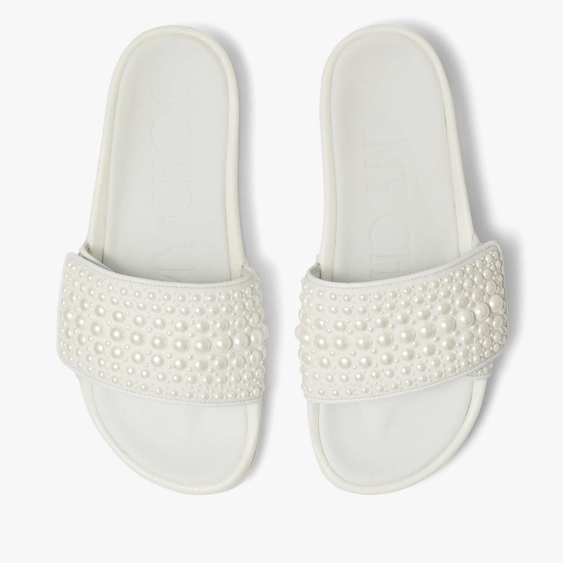 White Canvas and Leather Slides with Pearls FITZ F High Summer 2021 JIMMY CHOO