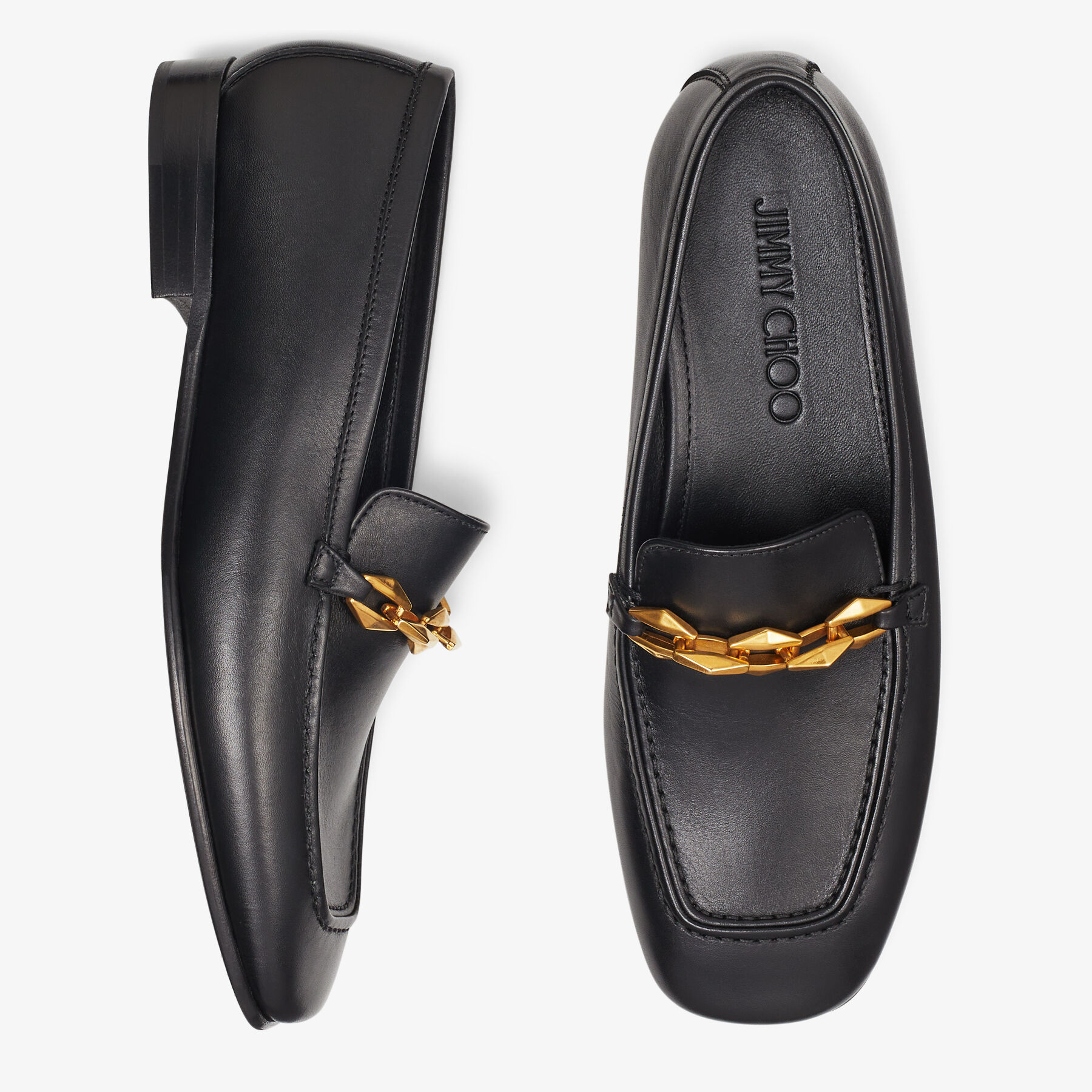 DIAMOND TILDA LOAFER Black Calf Leather Loafers with Chain