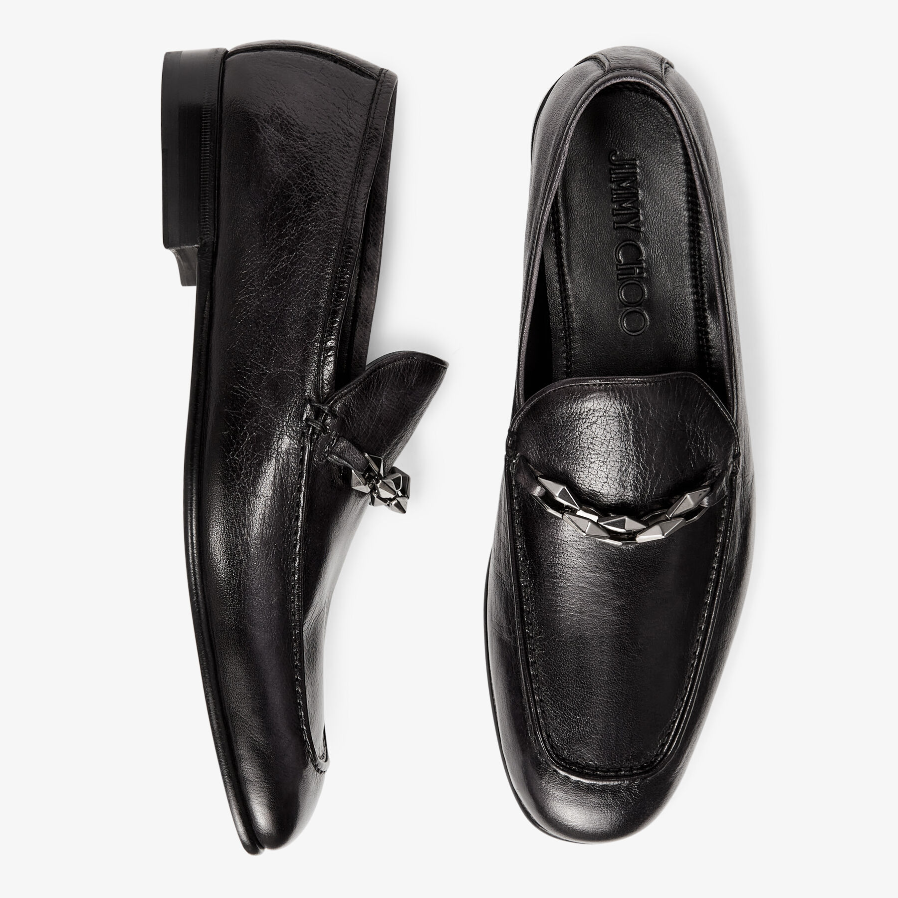 MARTI REVERSE Black Buffalo Leather Loafers with Chain Embellishment Autumn Collection JIMMY CHOO