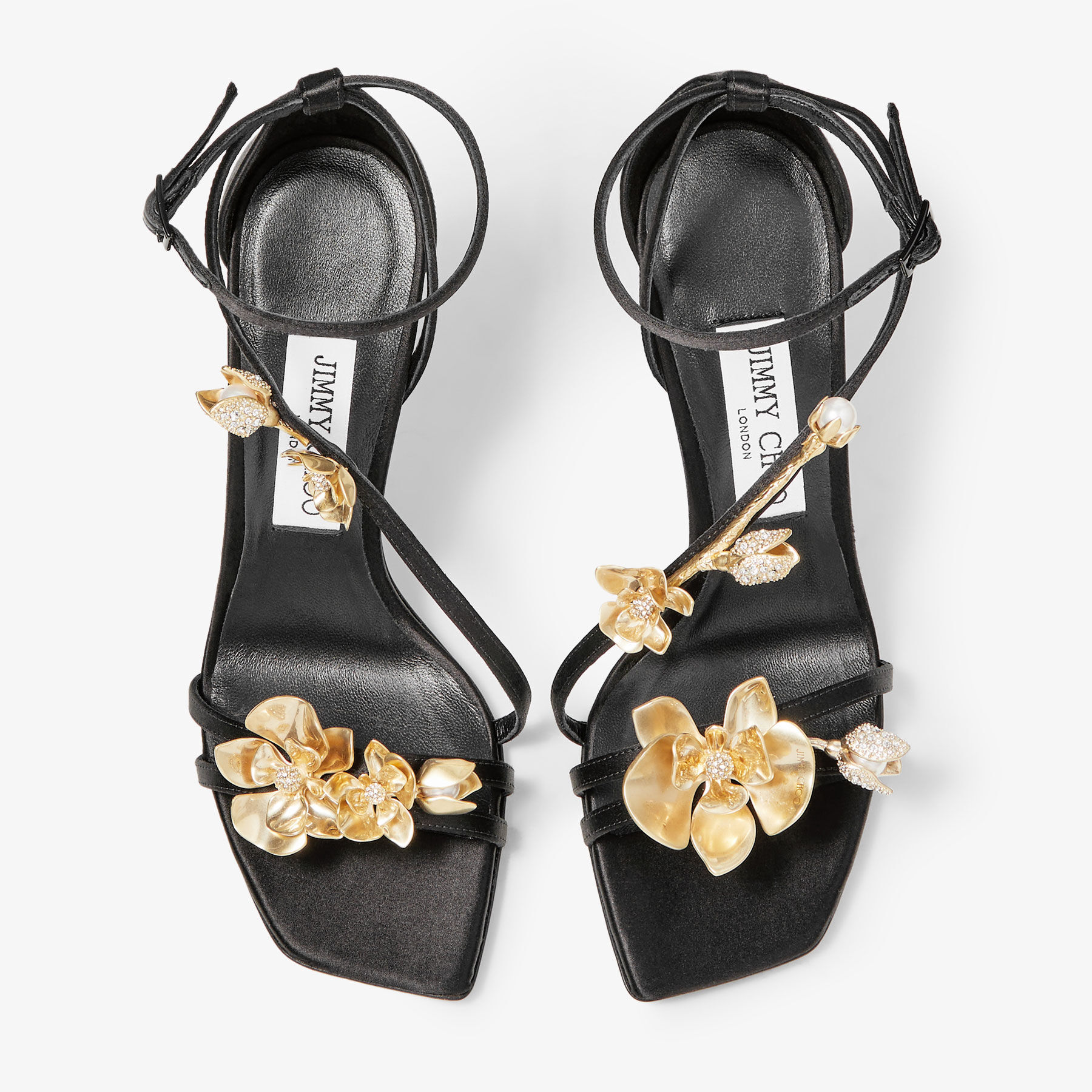 ZEA 95 | Black Satin Sandals with Metal Flowers | New Collection | JIMMY  CHOO