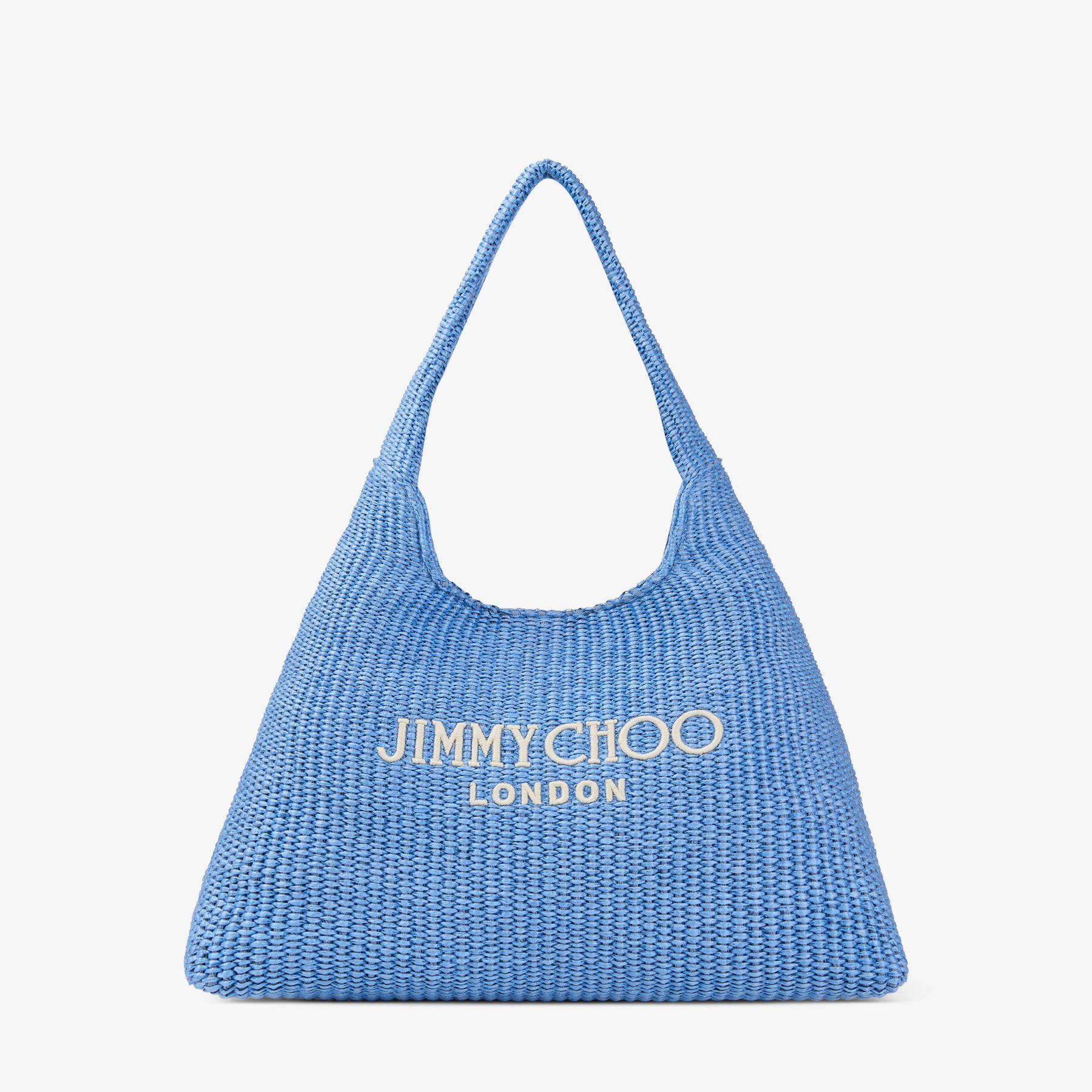 Jimmy Choo 水色スエード パーティーバッグ Beach Diamond Hobo Large | Ocean Blue and Ecru Raffia Shoulder Bag