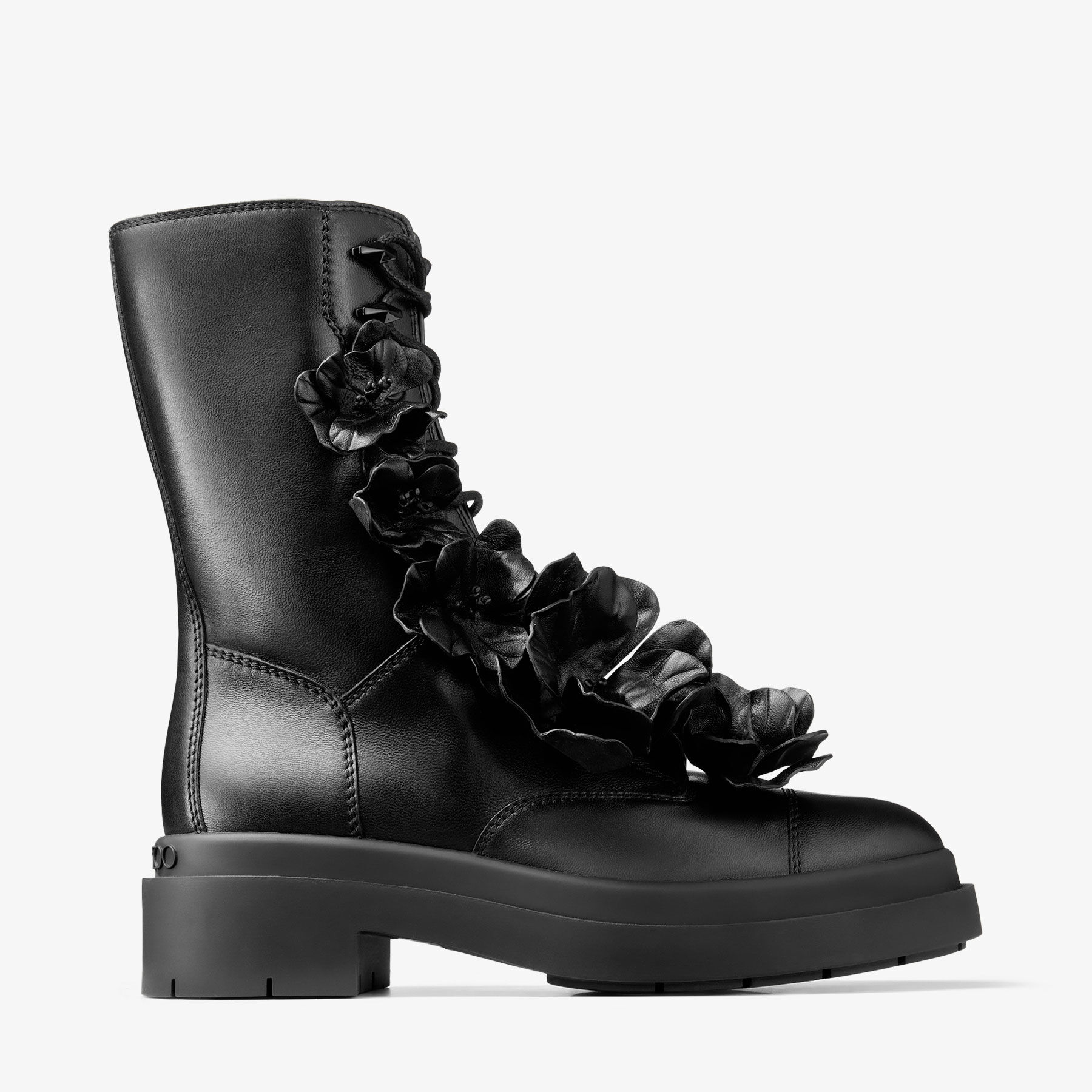 NARI FLOWERS FLAT Black Nappa Leather Ankle Boots with Flowers