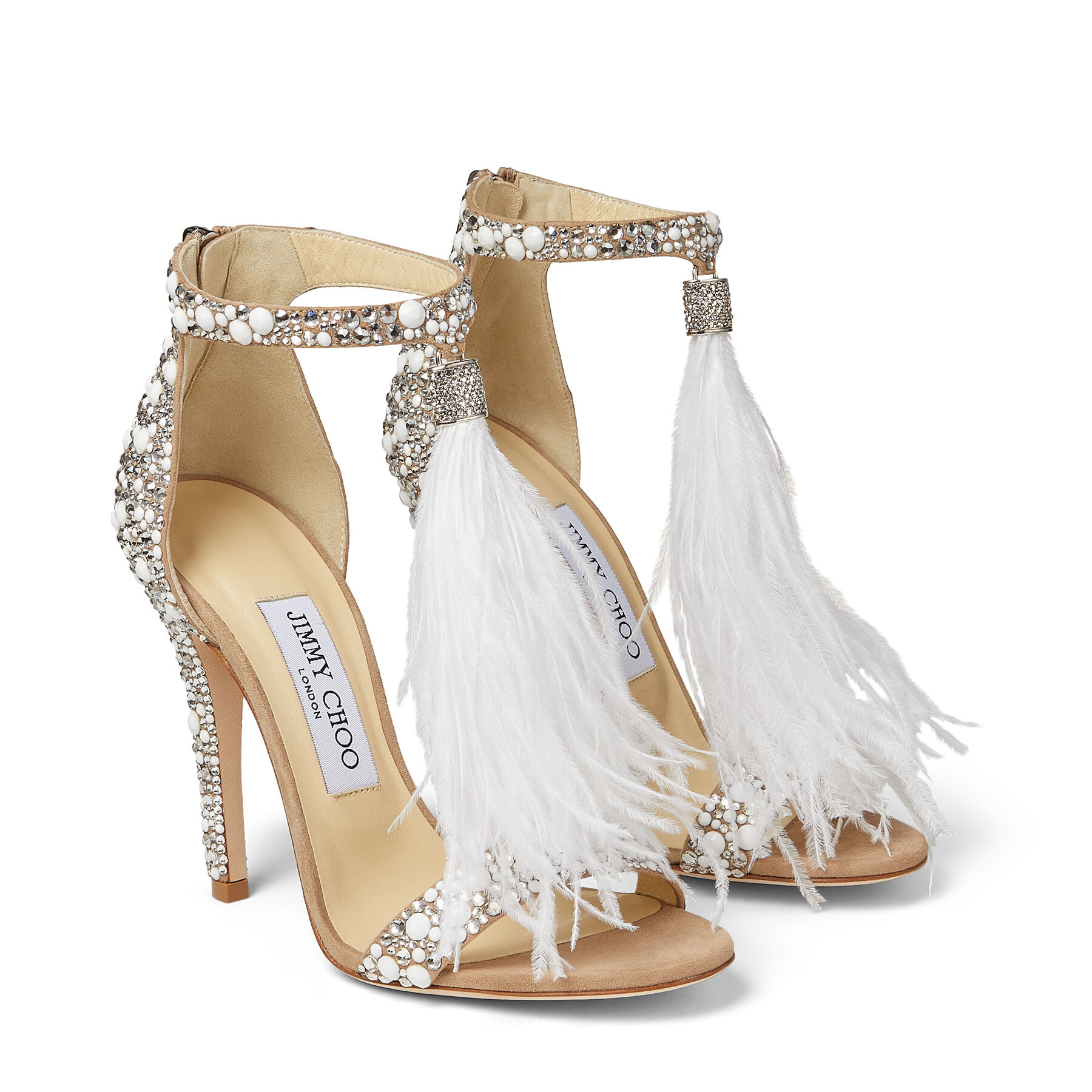 White Suede And Hot Fix Crystal Embellished Sandals With An Ostrich Feather Tassel Viola 110 Cruise 16 Jimmy Choo Luxurious designer fashion from jimmy choo on mybudapester.com over 100 luxury brands designer shoes, bags & accessories secure payment order now! ostrich feather tassel