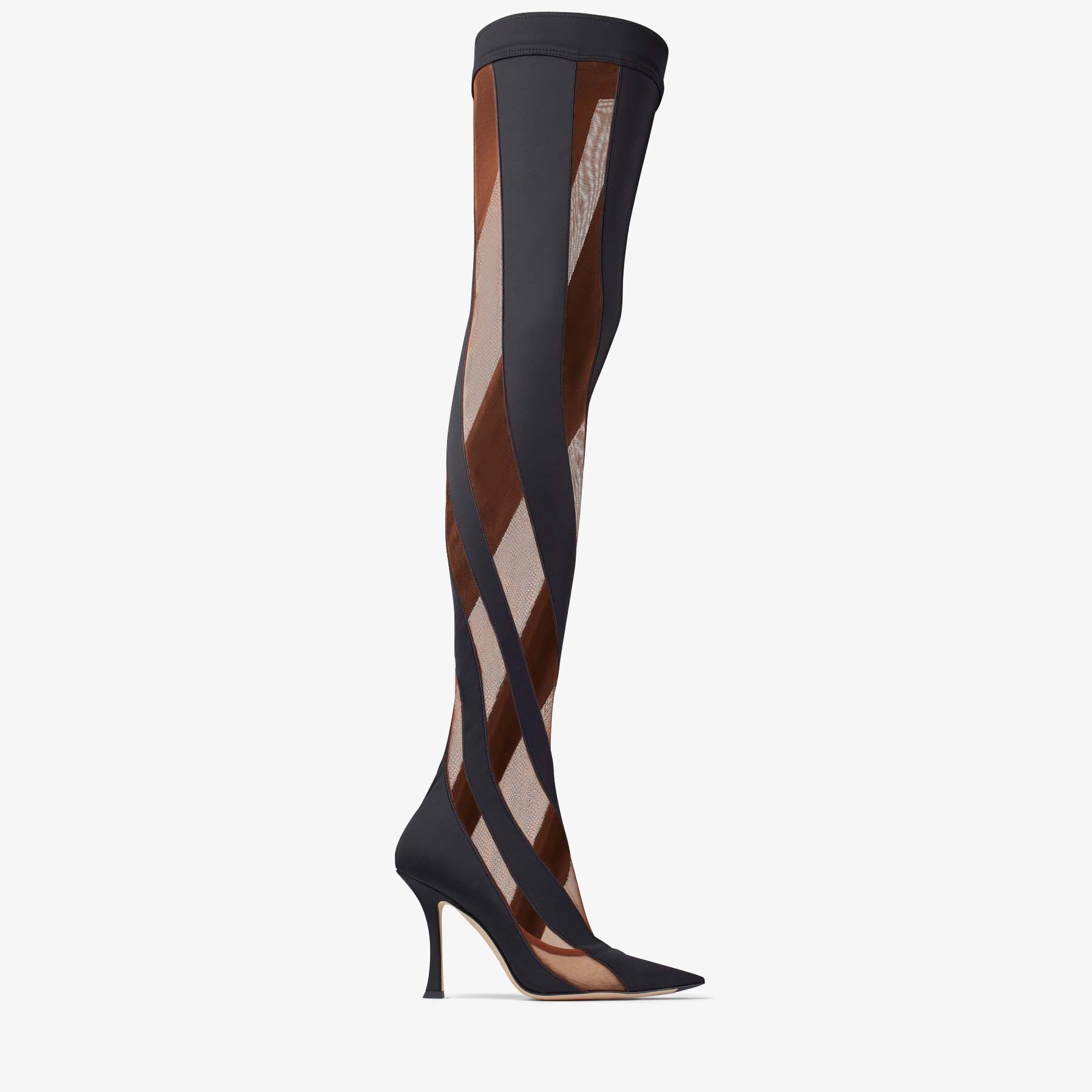 Black and Dark Nude Sheer Spiral Stretch Fabric Sock Over The Knee Boots JIMMY CHOO NZ MUGLER SOCK OTK BOOT JIMMY CHOO NZ Mugler JIMMY CHOO NZ