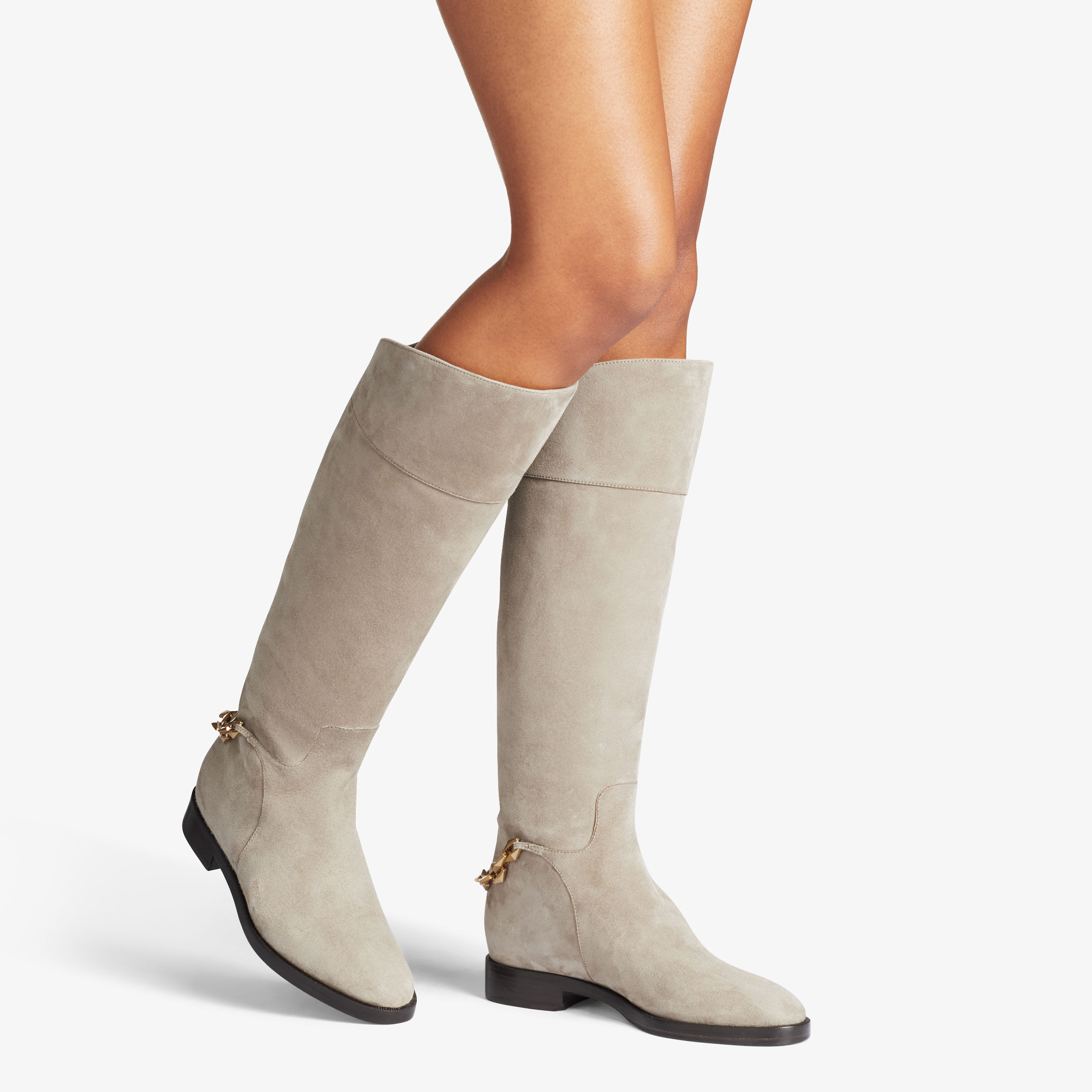 NELL KB FLAT Taupe Suede Knee High Boots with Chain Autumn