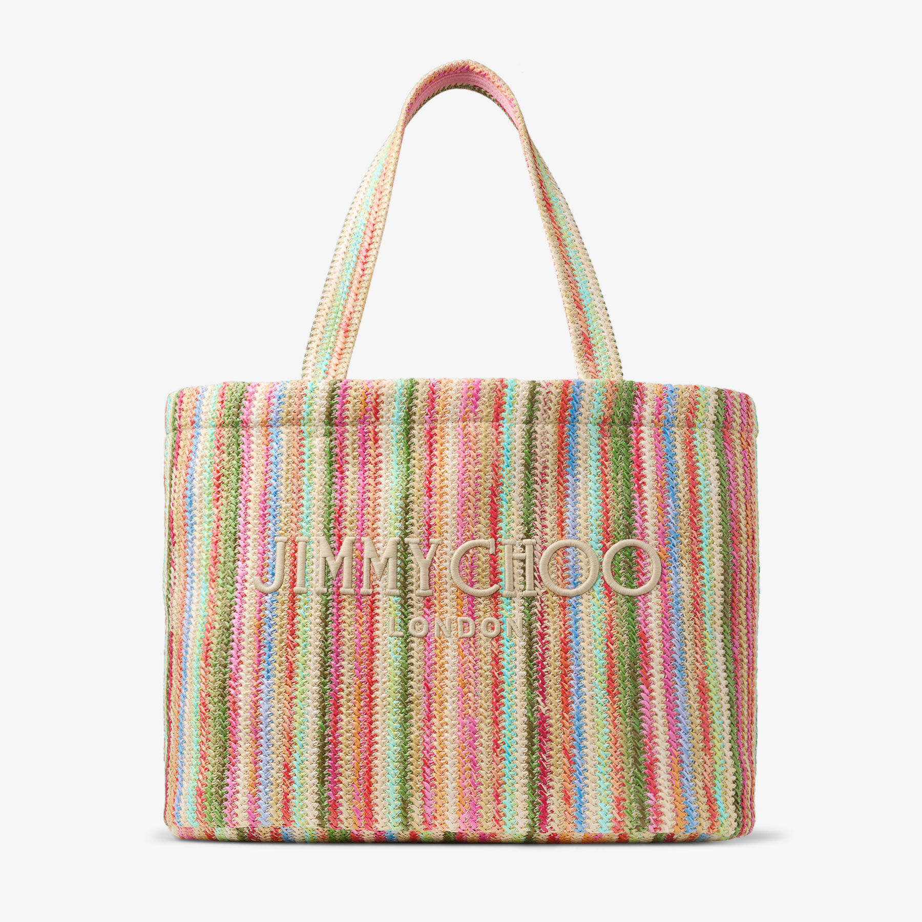 Beach Tote East-West | Ecru Striped Raffia Embroidered Tote