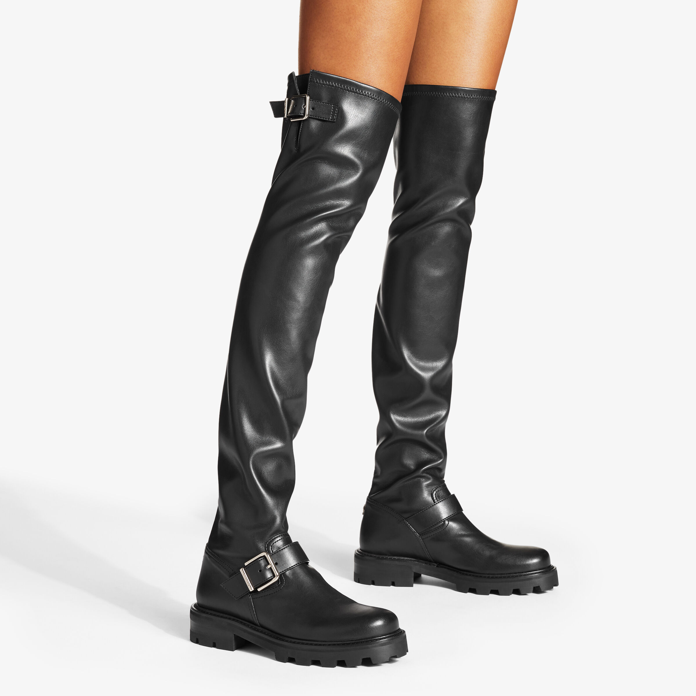 Black Stretch Bonded Fabric Knee High Biker Boots BIKER II OTK