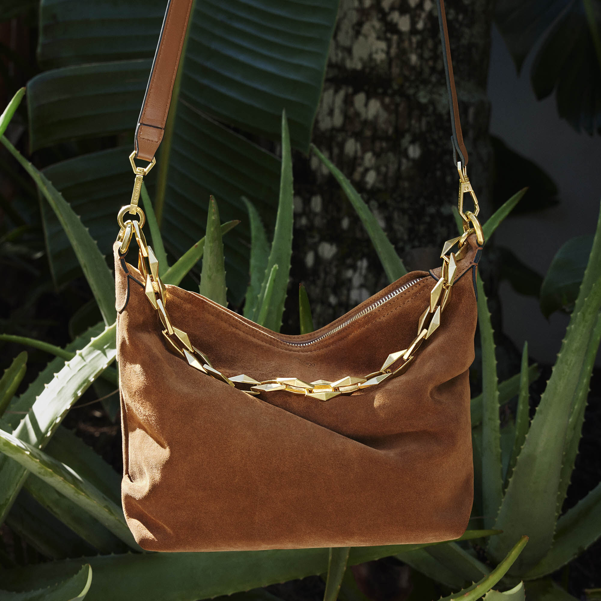 DIAMOND SOFT HOBO S Tan Suede Hobo Bag with Chain Strap Summer
