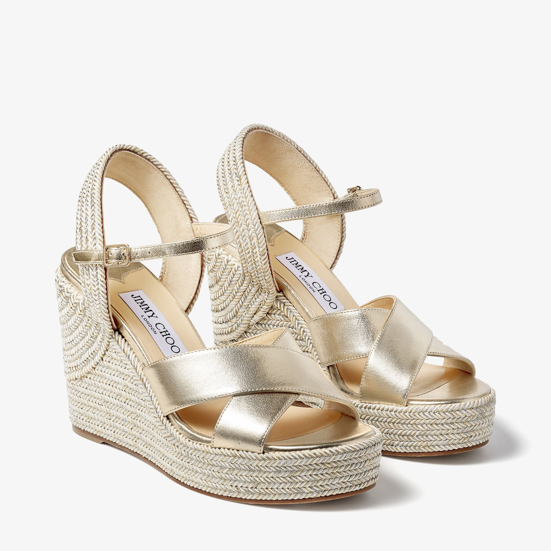 Champagne Nappa Leather Wedge Sandals with Metallic Rope Thread | DELLENA  100 | Pre-Fall '20 | JIMMY CHOO