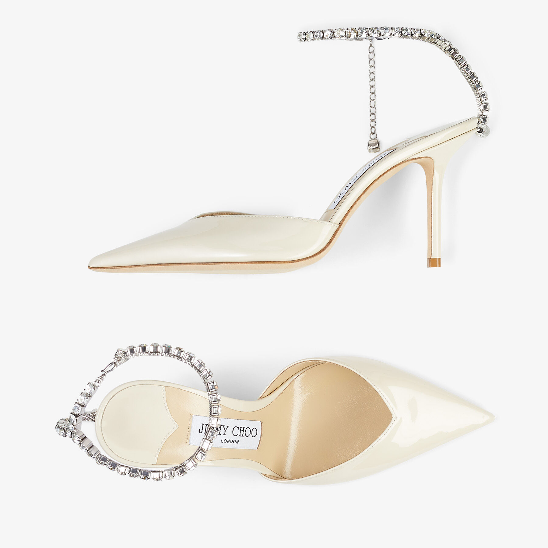 Jimmy Choo Saeda 100 Patent Leather Heel in Black & Crystal