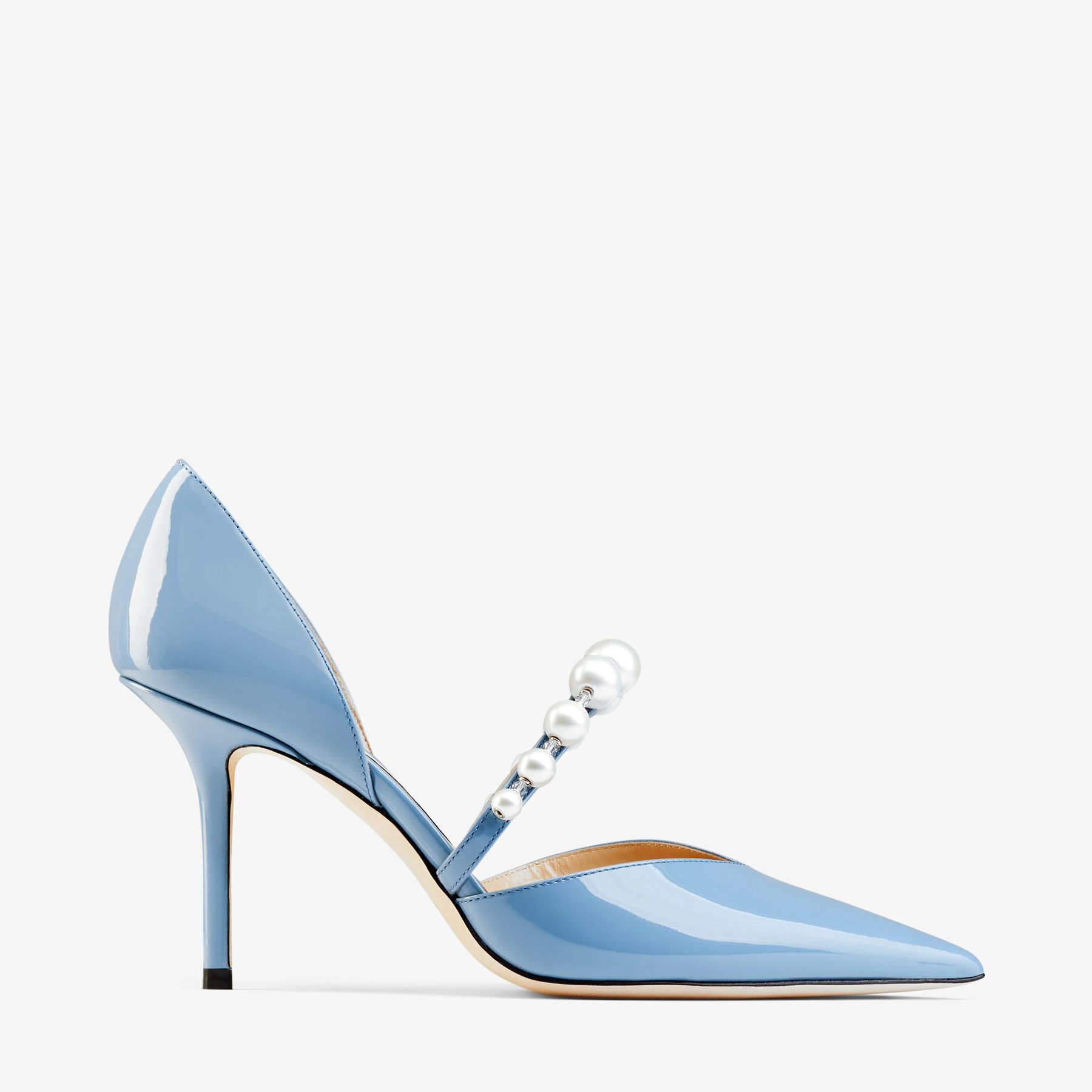 AURELIE 85 Smoky Blue Patent Leather Pointed Pumps with Pearl