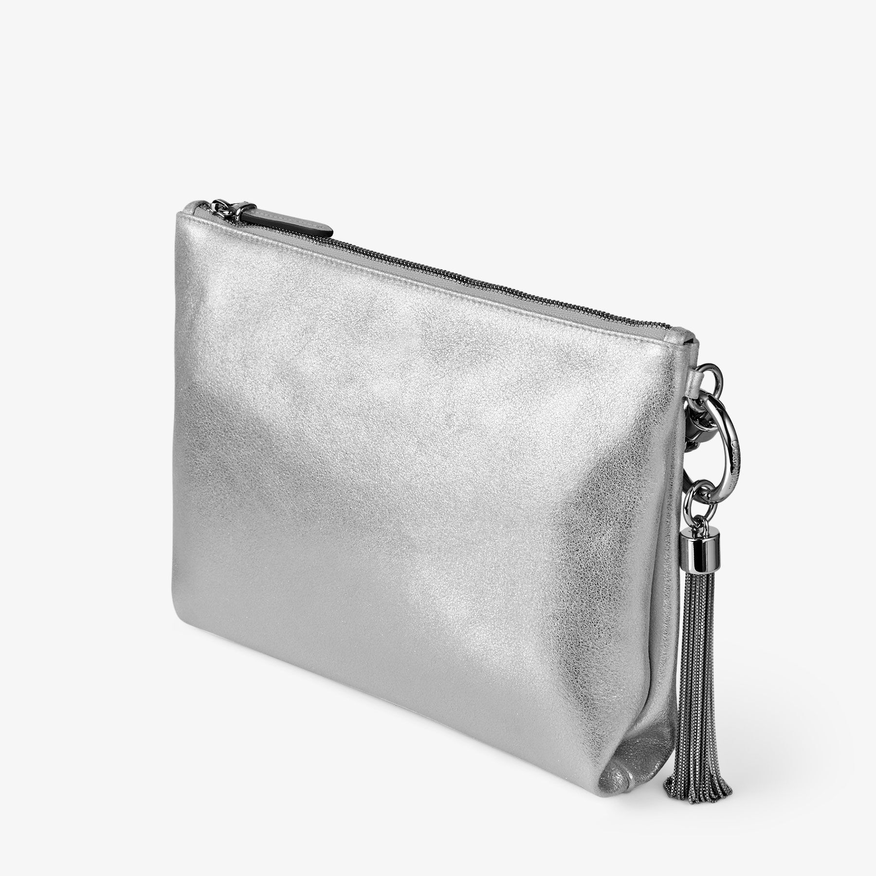 Silver clutch bag with strap clearance