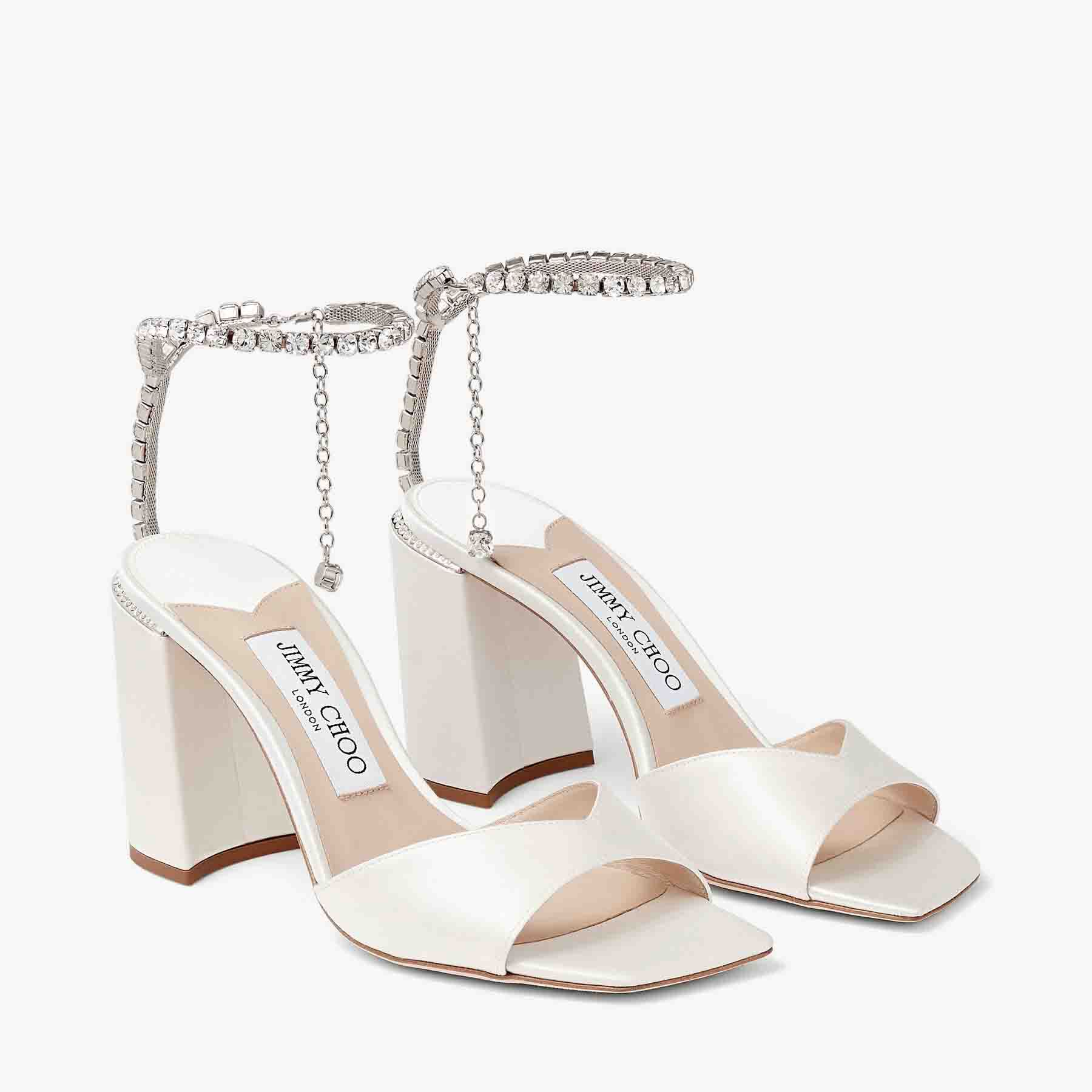 Saeda Sandal 85 Ivory Satin Block Heel Sandals with Crystal Chain JIMMY CHOO