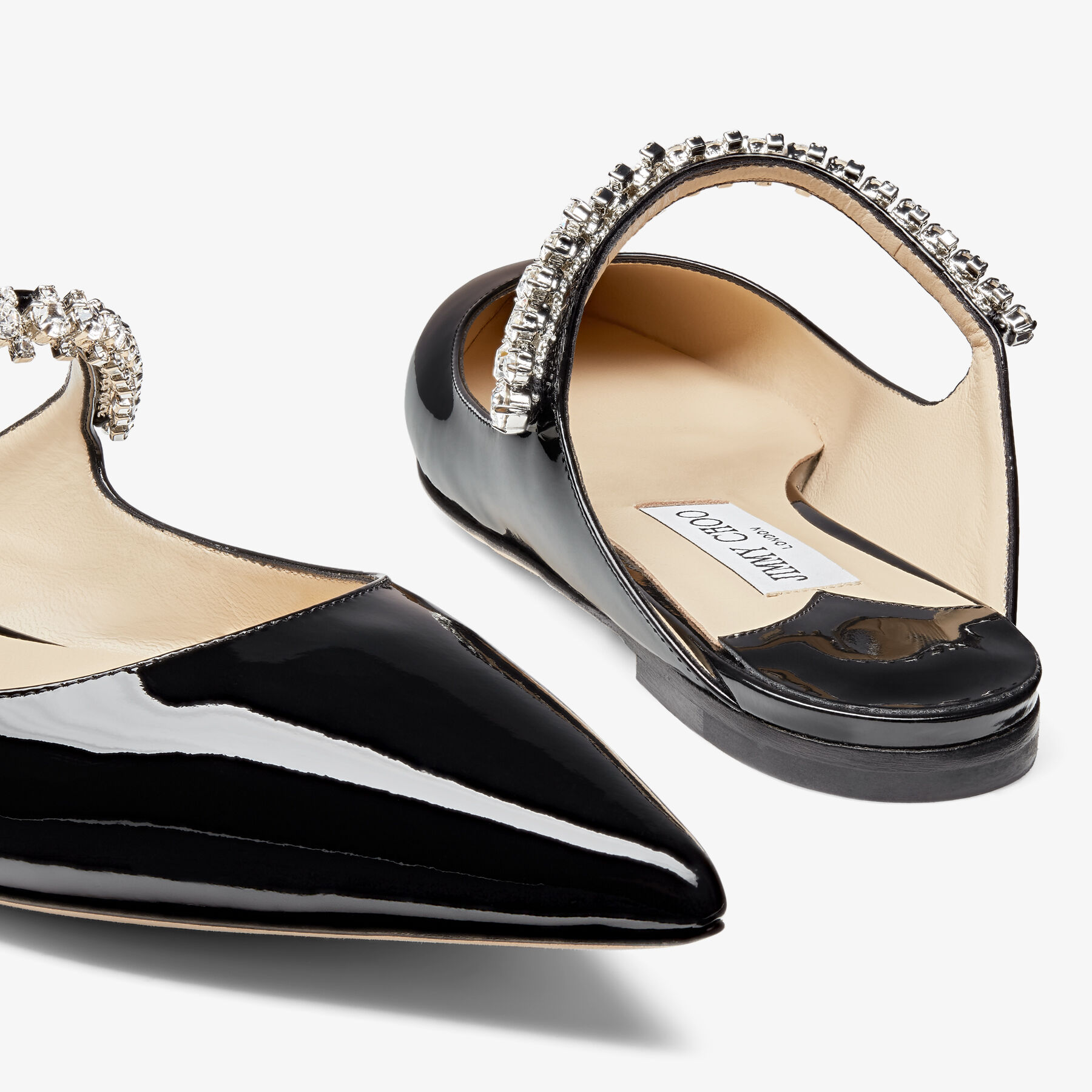 Bing Flat | Black Patent Leather Mules with Crystal Strap