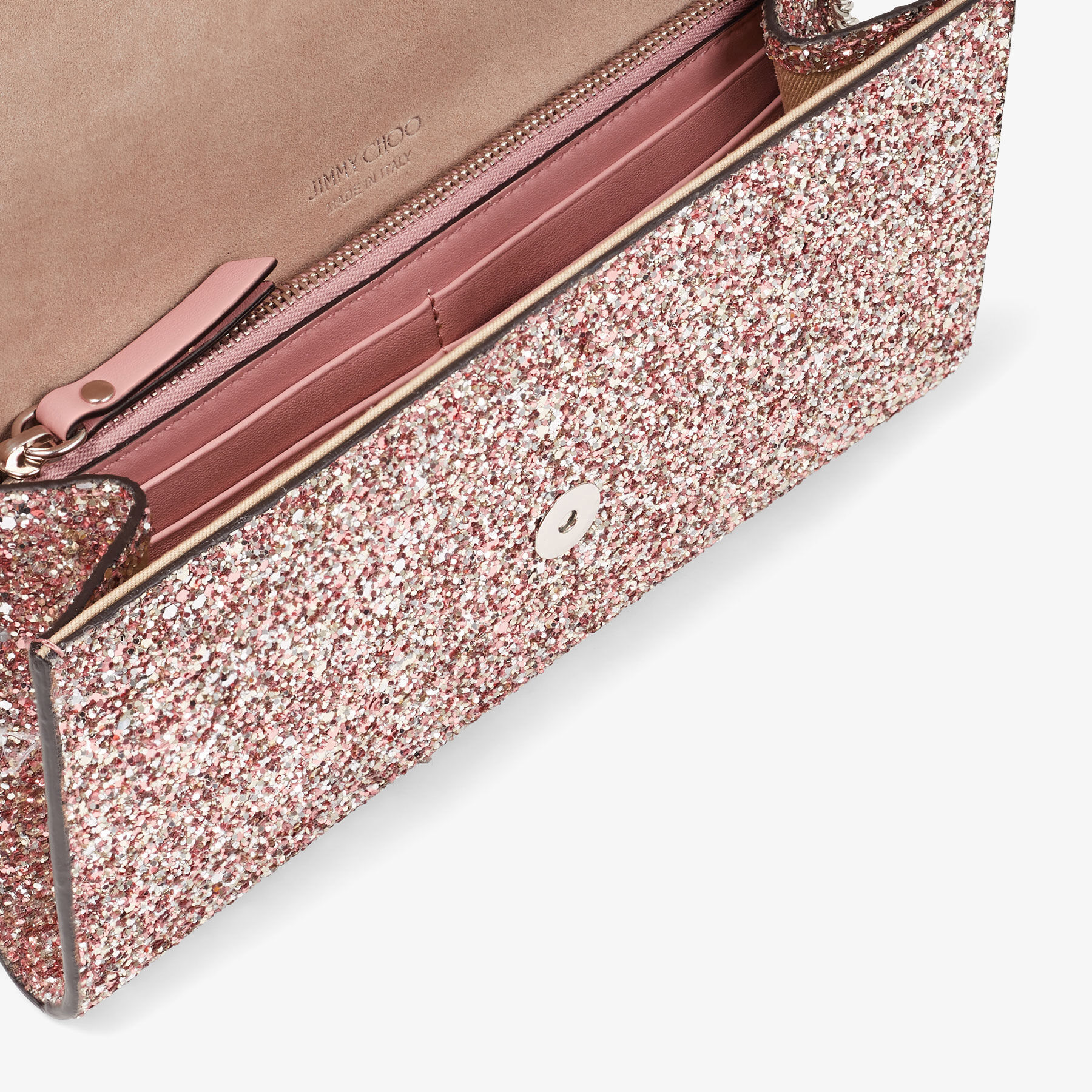 Rose Coarse Glitter Fabric Clutch Bag EMMIE Winter 2021 Collection JIMMY CHOO