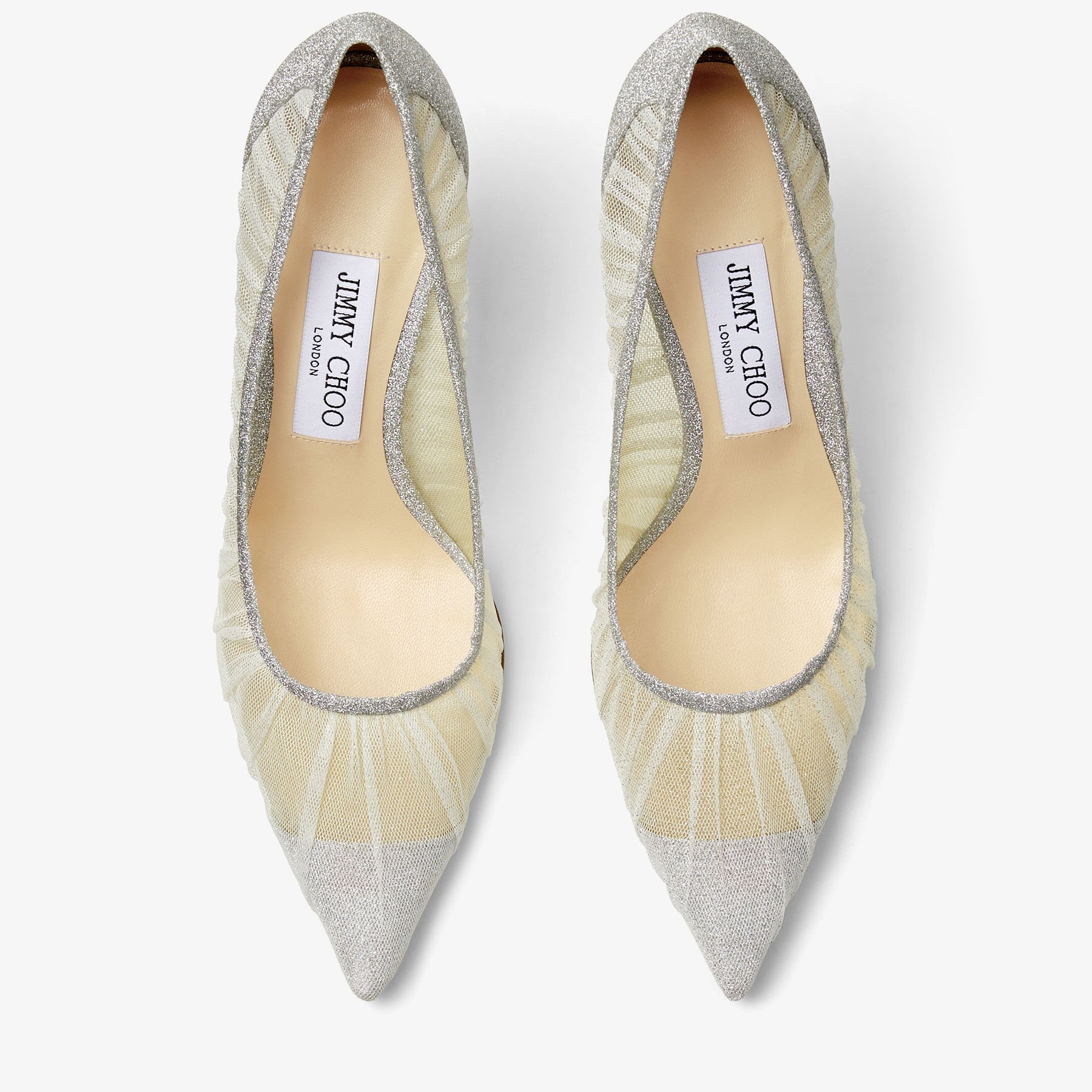 Metallic Silver Glitter Fabric Pumps with Ivory Tulle Overlay LOVE 85 Cruise 20 JIMMY CHOO