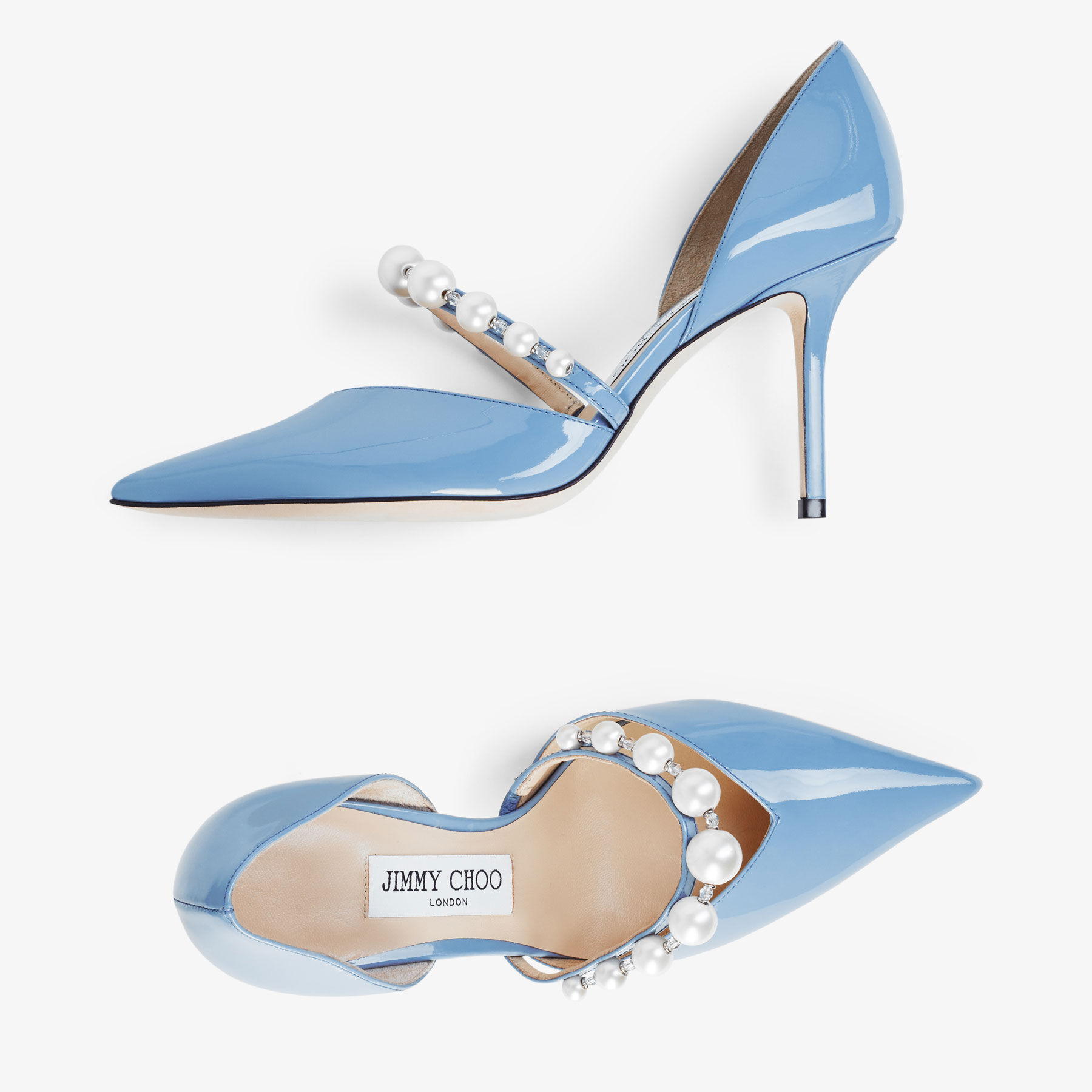 AURELIE 85 Smoky Blue Patent Leather Pointed Pumps with Pearl