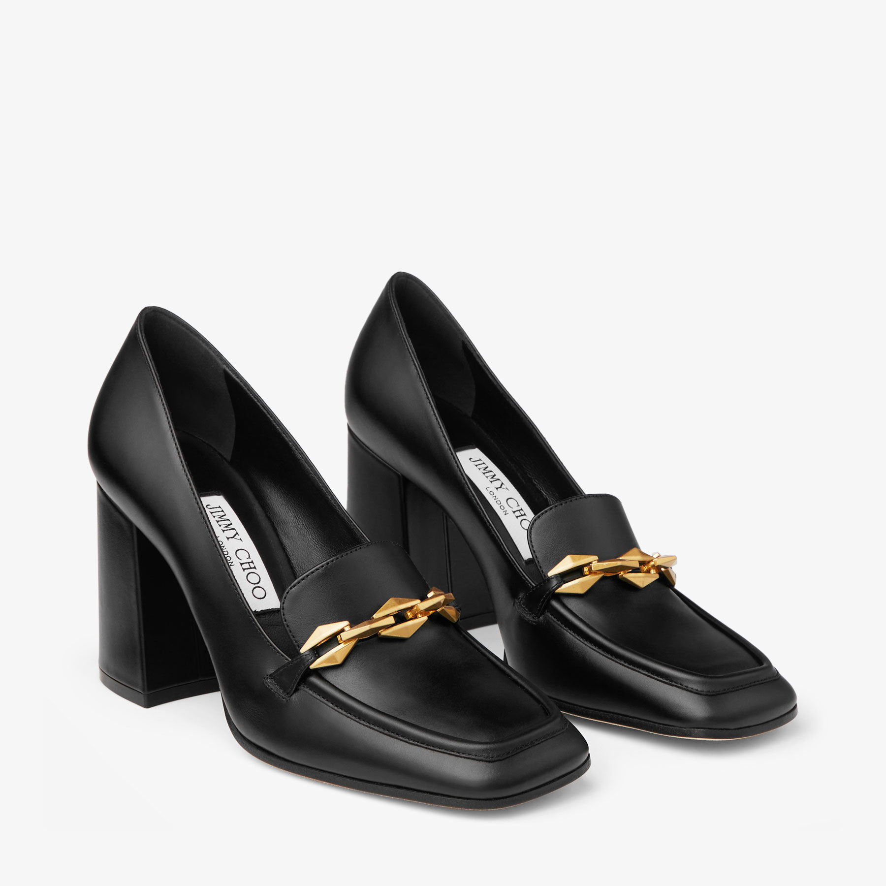 DIAMOND TILDA LOAFER | Black Calf Leather Loafers with Chain