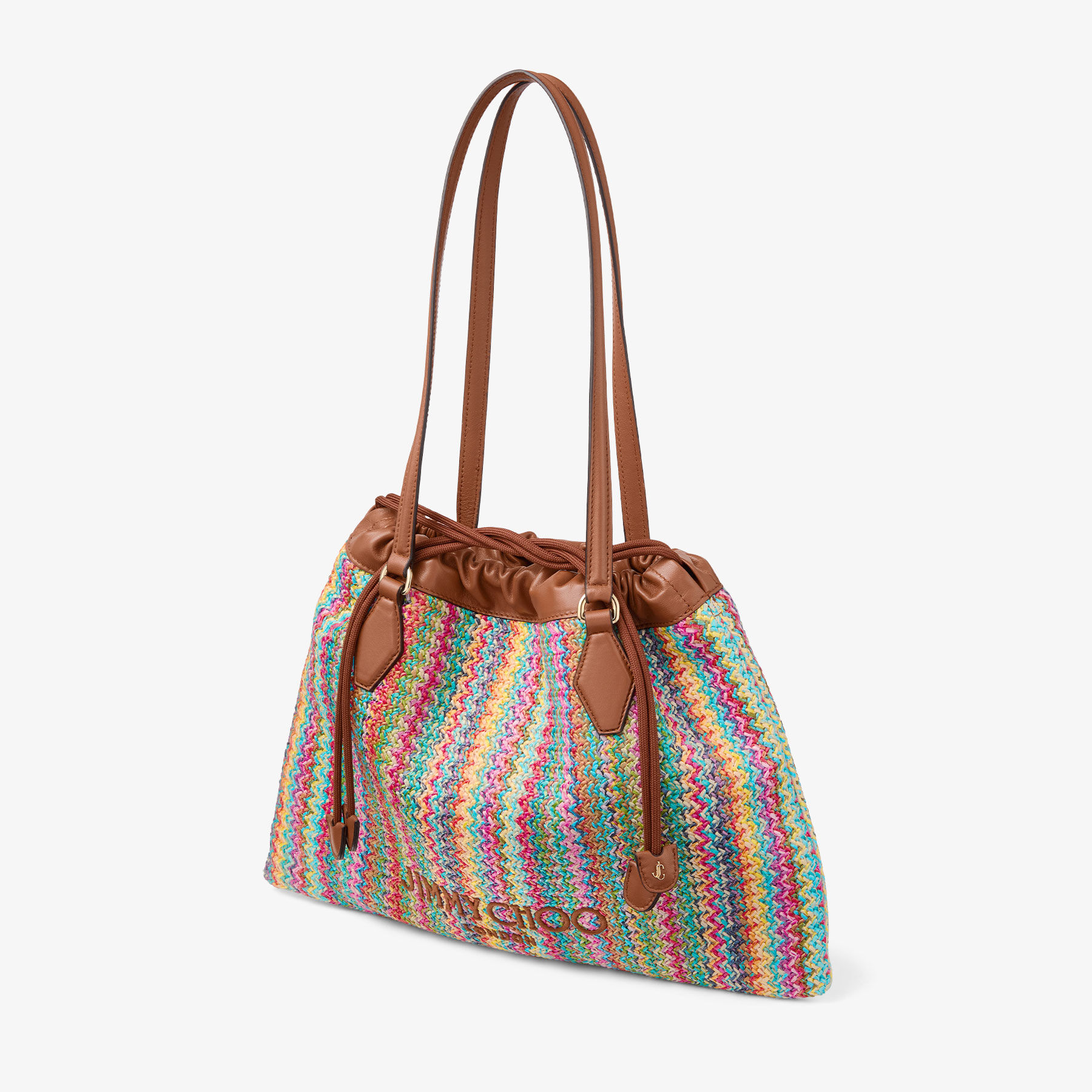 Drawstring Tote M | Multi and Tan Chevron Raffia Drawstring Tote