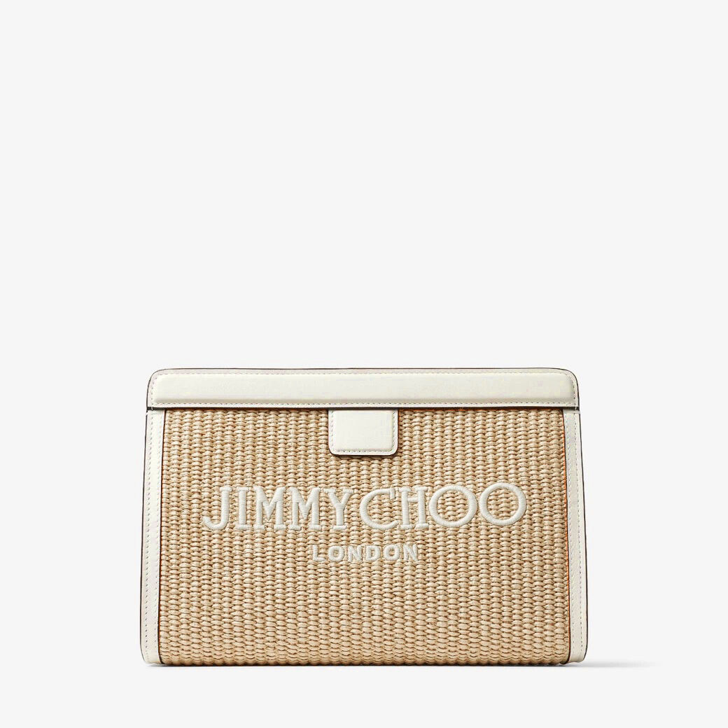 ニコさん専用JIMMY CHOO ケース Avenue Pouch | Natural/Latte Embroidered Raffia and Leather Pouch