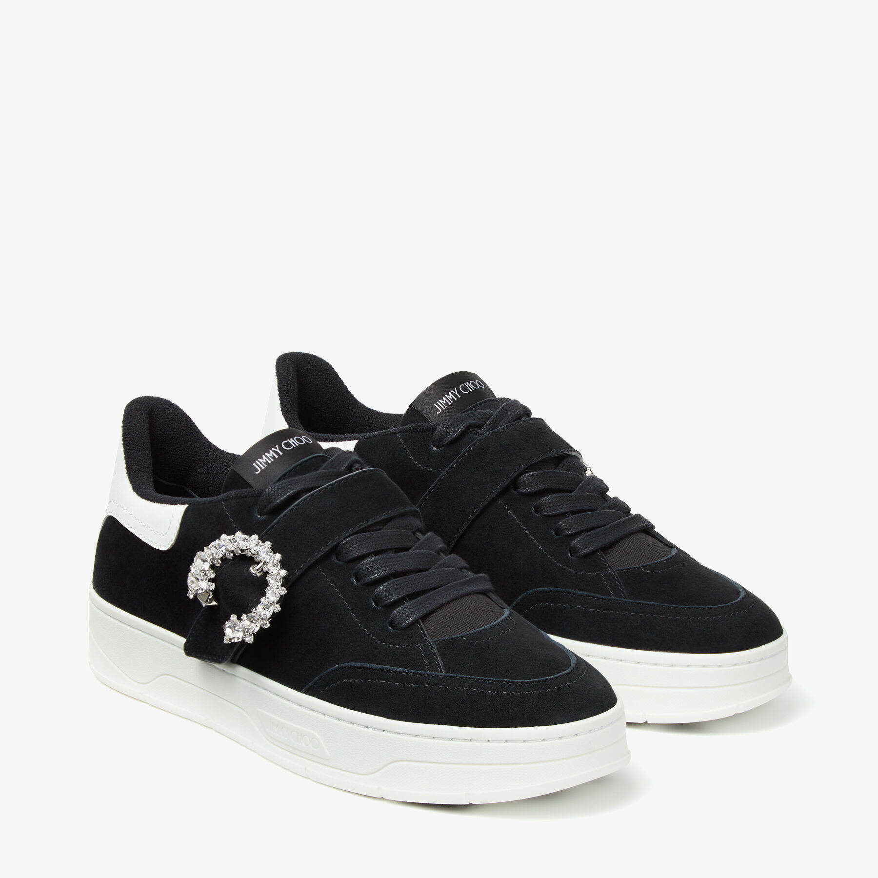 Black Suede and White Calf Leather Low Top Trainers with Crystal ...