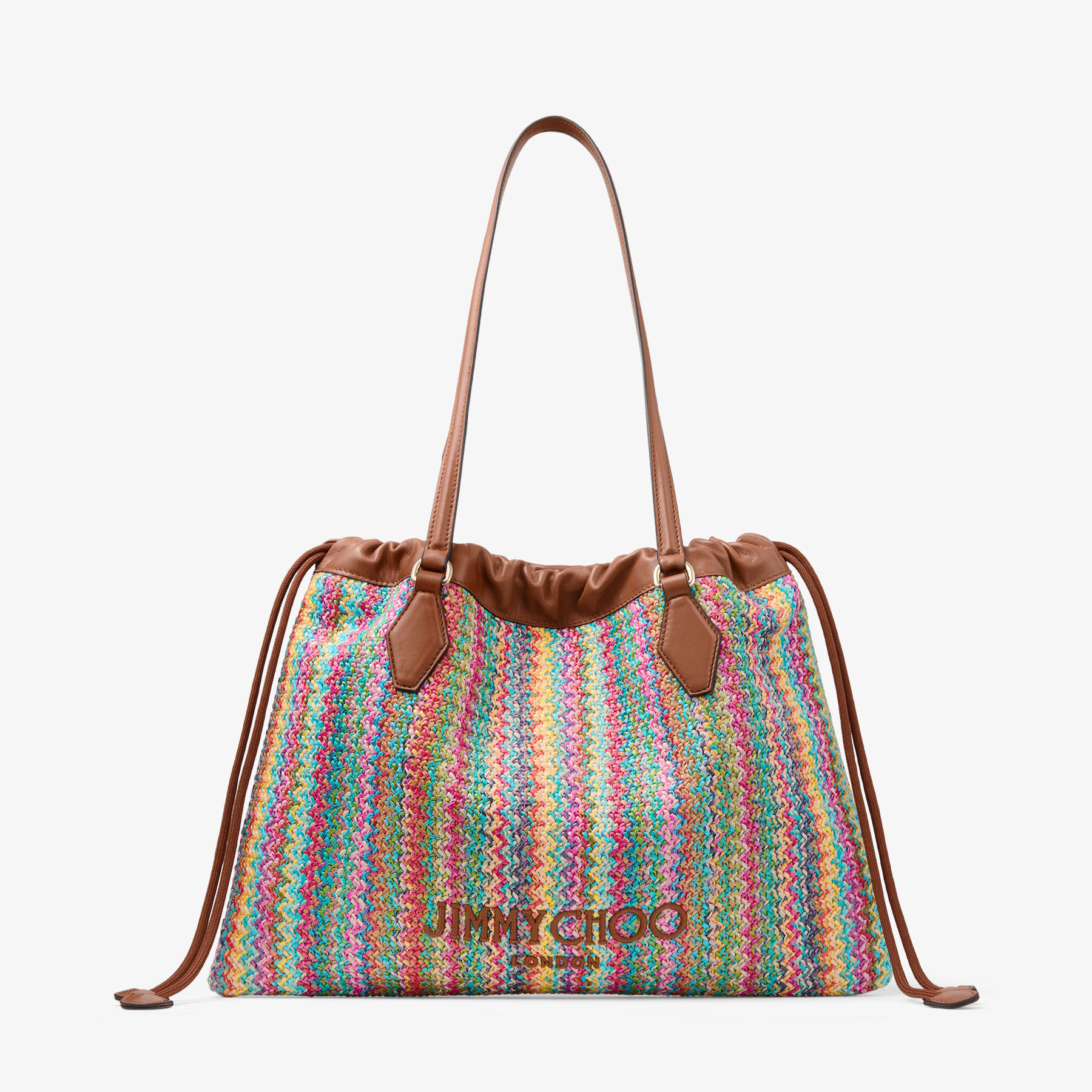 Drawstring Tote M | Multi and Tan Chevron Raffia Drawstring Tote