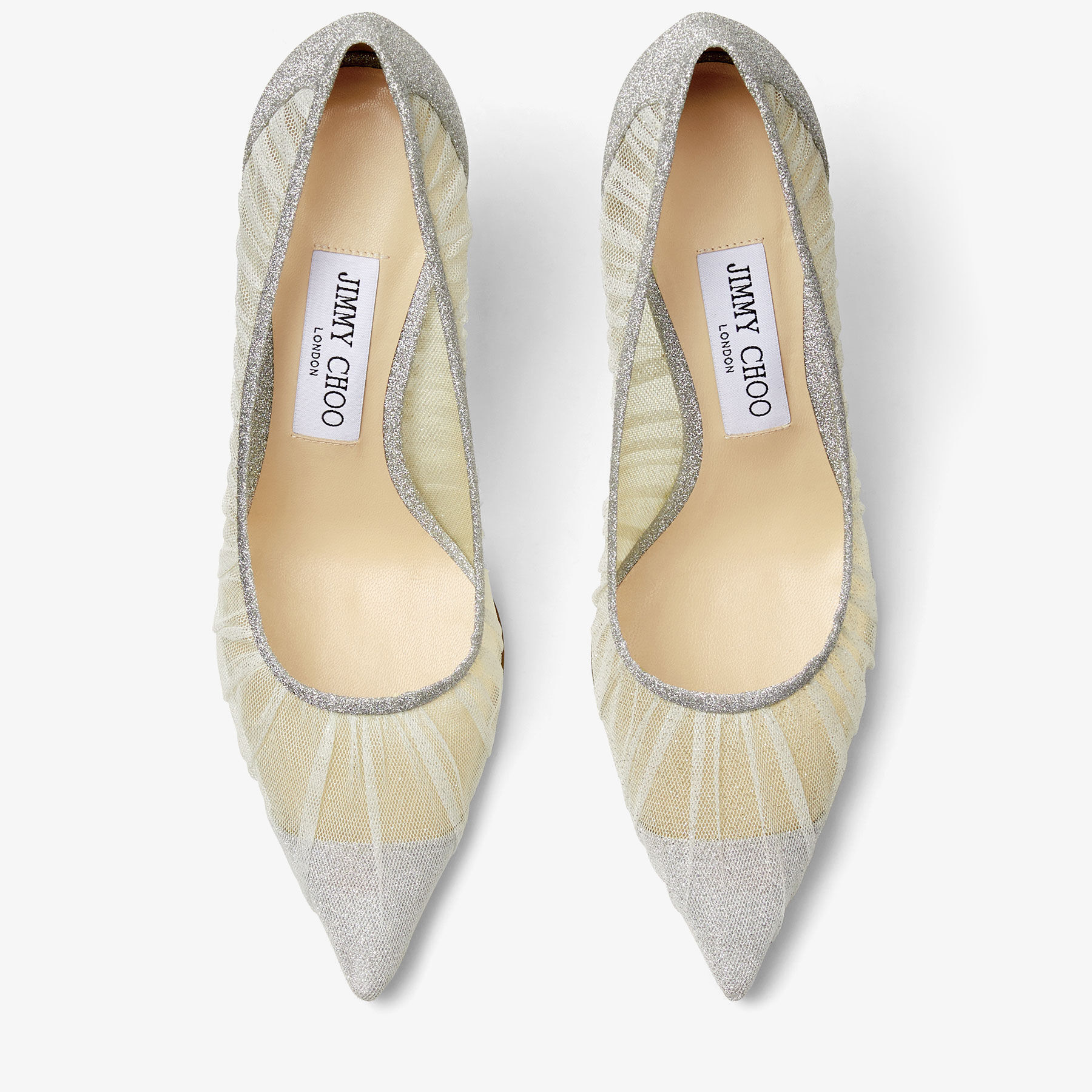 Metallic Silver Glitter Fabric Pumps with Ivory Tulle Overlay