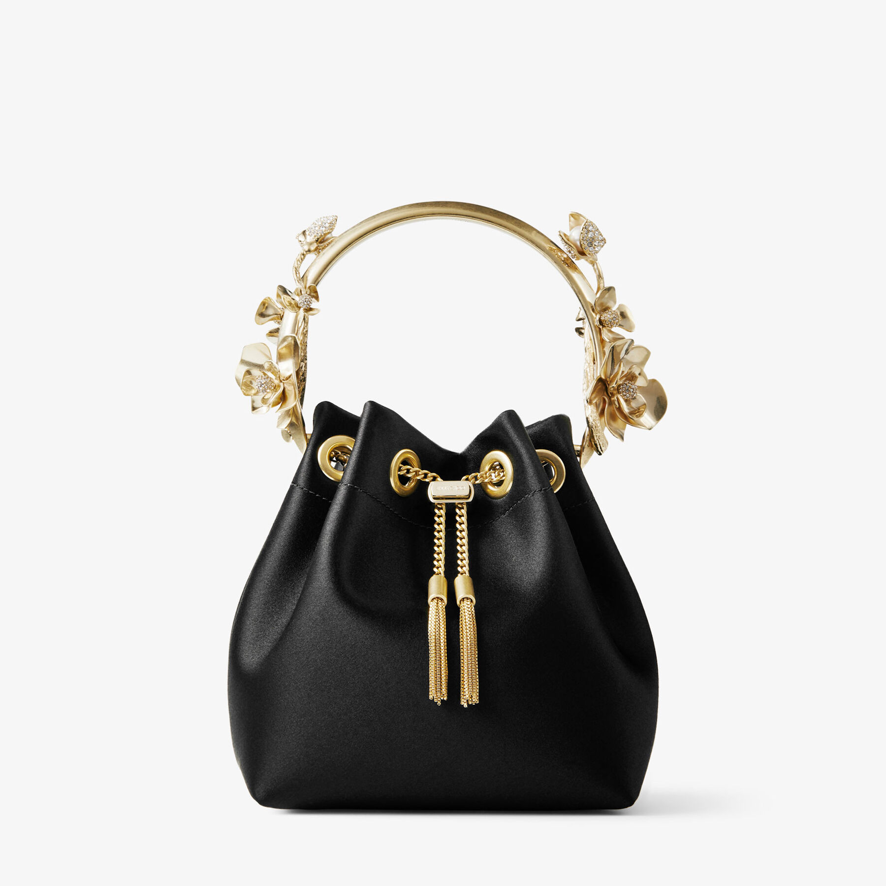 トートバッグ JIMMY CHOO Small Flower Bon Bon Bag 73942603 Bon Bon | Black Satin Bucket Bag with Metal Flowers | JIMMY CHOO
