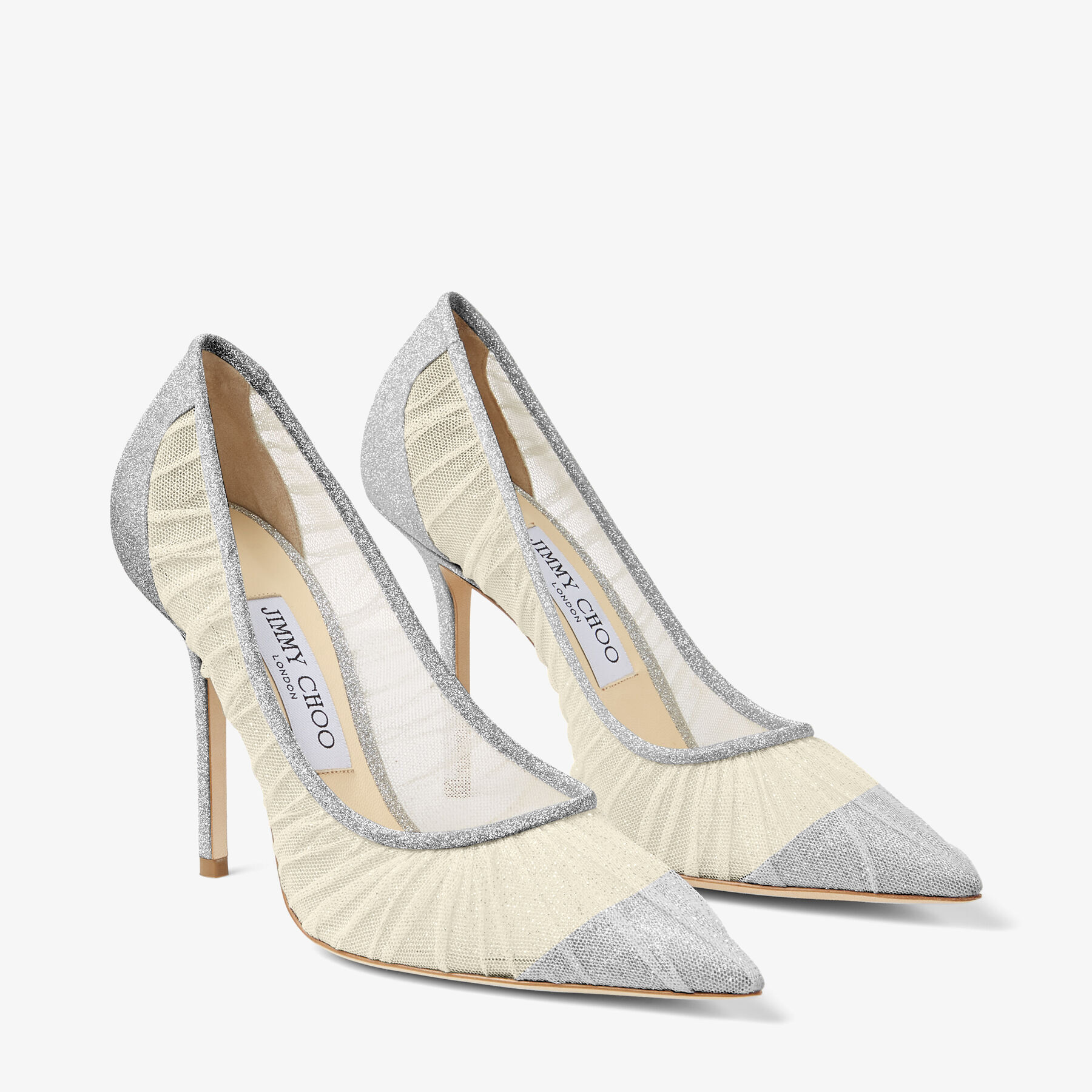 Metallic Silver Glitter Fabric Pumps with Ivory Tulle Overlay