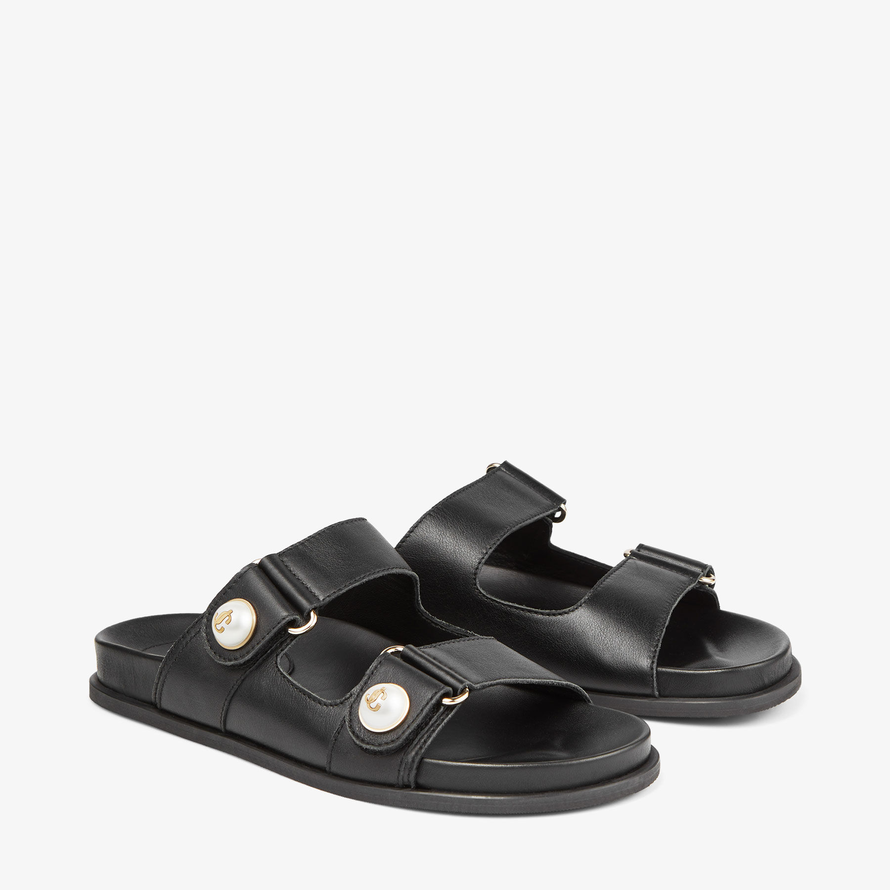 FAYENCE SANDAL | Black Leather Flat Sandals with Pearl