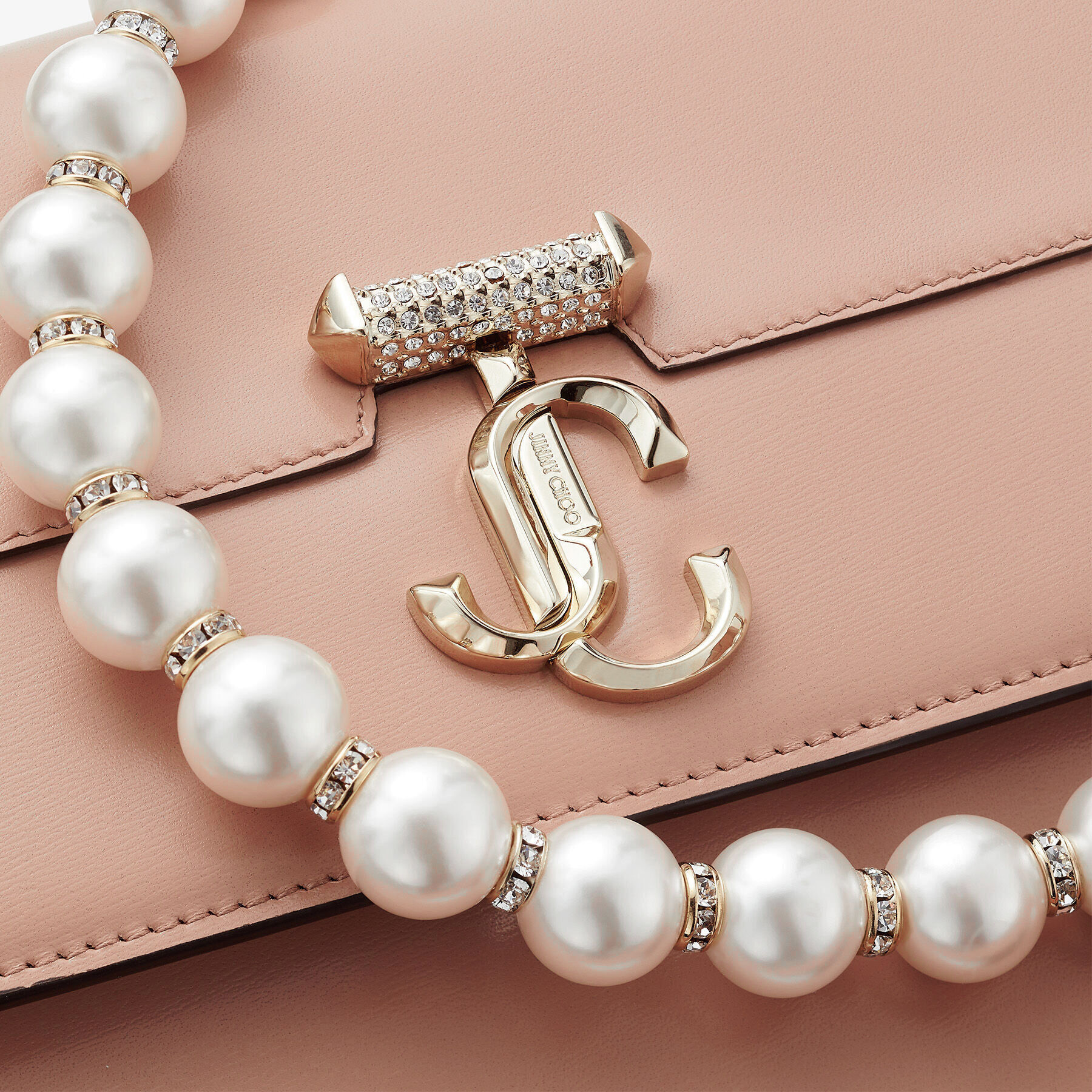 Ballet Pink Box Leather Shoulder Bag with Pearl Strap | AVENUE QUAD XS |  Summer 2022 collection | JIMMY CHOO