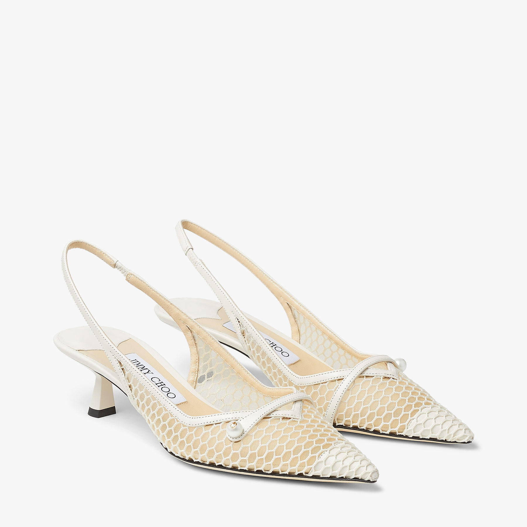 White Fishnet Mesh and Latte Nappa Slingback Pumps AMITA 45