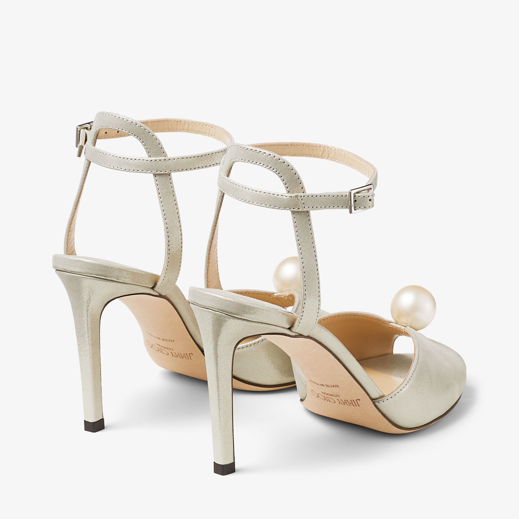SACORA 85 Champagne Shimmer Suede Sandals with Pearl