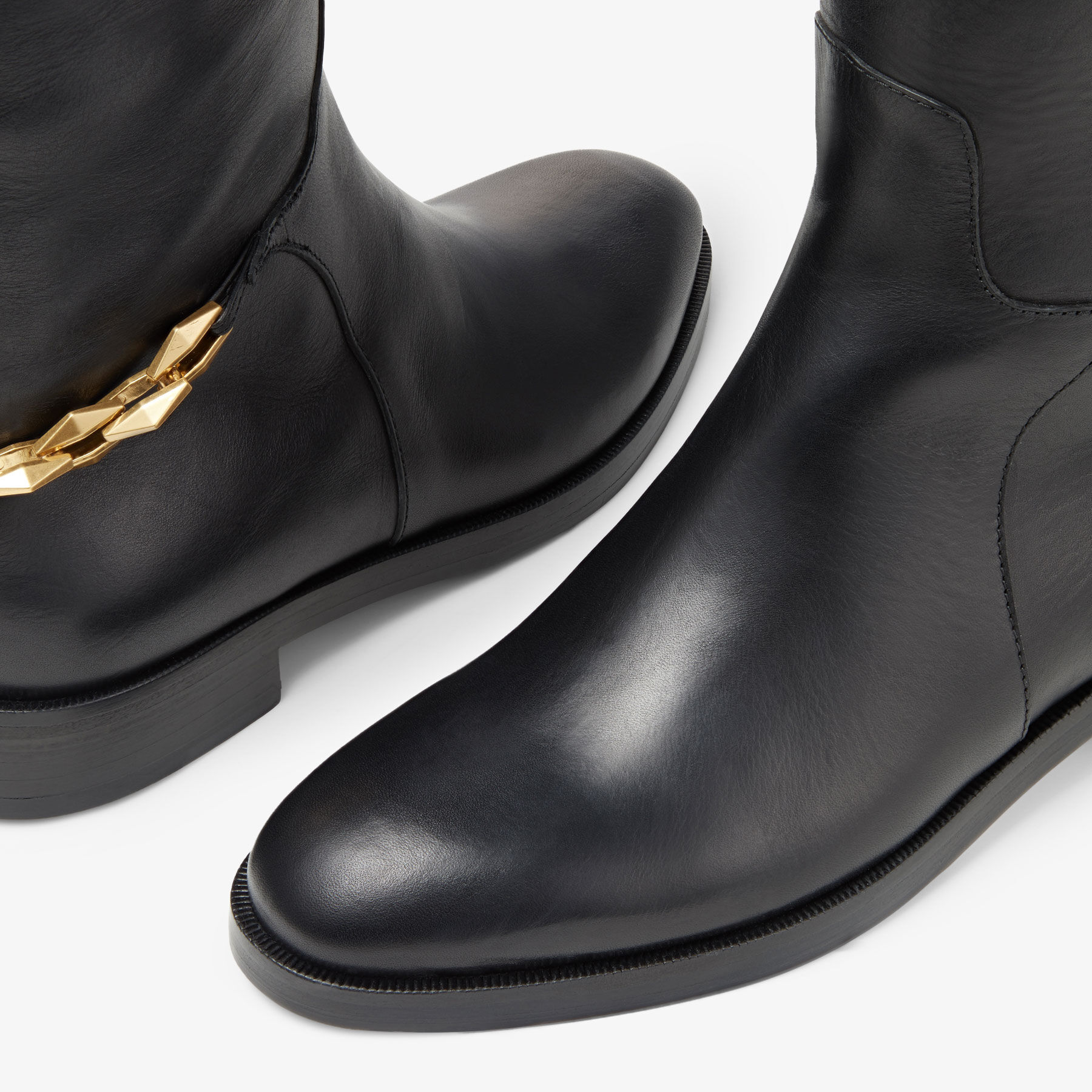 NELL KB FLAT Black Soft Vachetta Knee High Boots with Chain Autumn Collection JIMMY CHOO