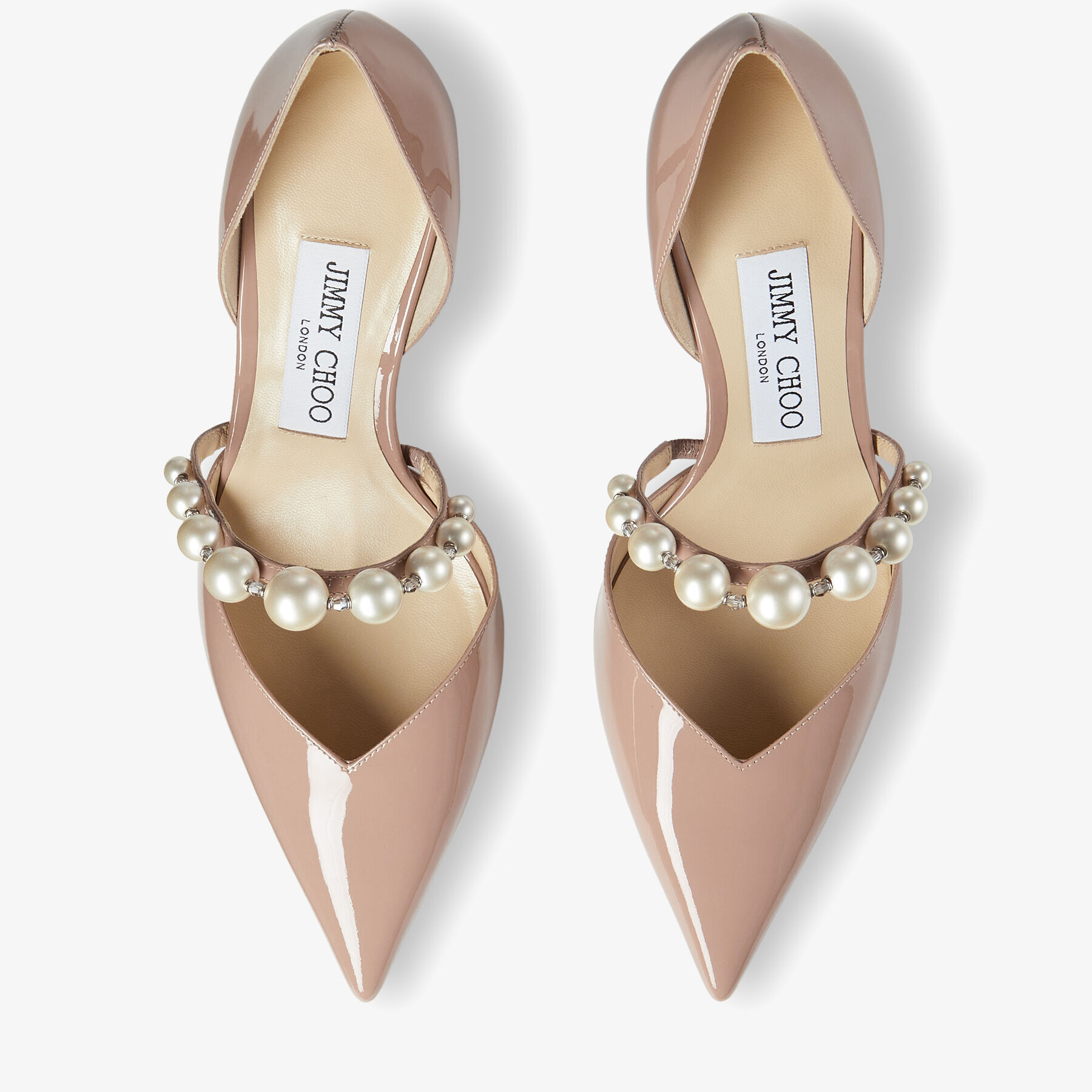 Ballet Pink Patent Leather Pointed Pumps with Pearl Embellishment