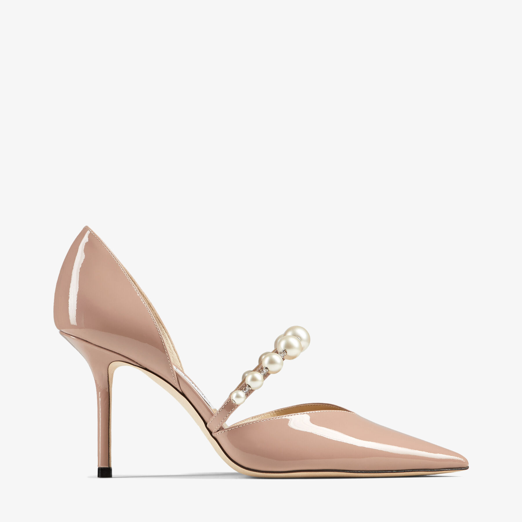 Ballet Pink Patent Leather Pointed Pumps with Pearl