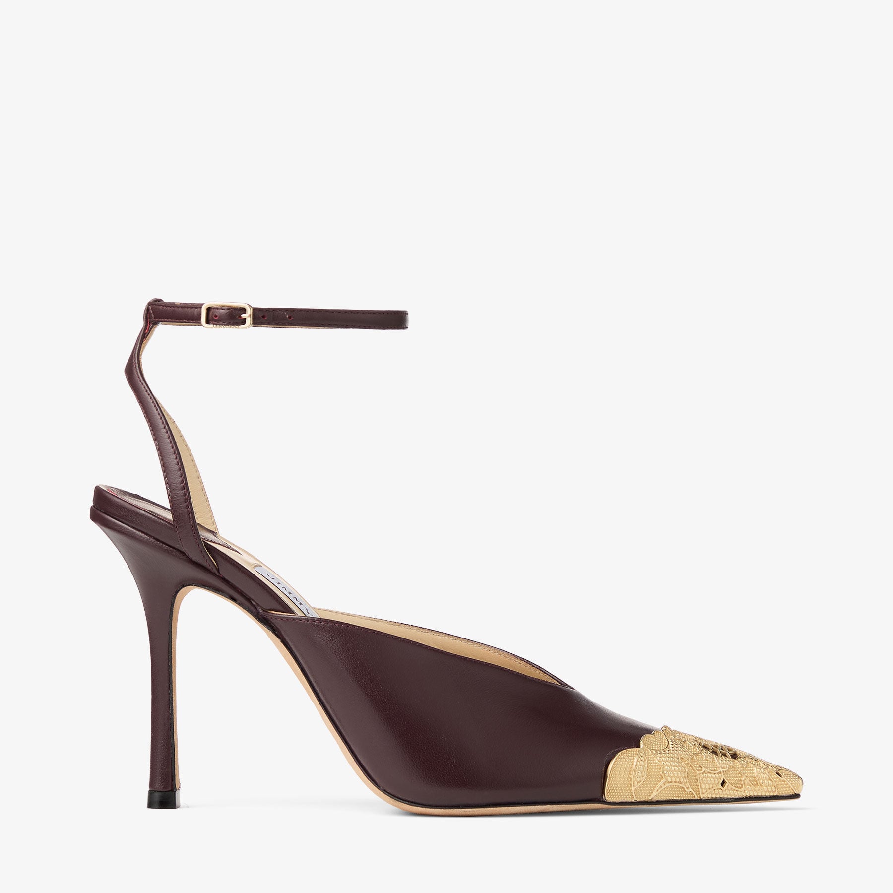 そう　Jimmy Choo PENN HAZ 41 Faiz 100 | Deep Merlot and Vintage Gold Leather Pumps with Metal