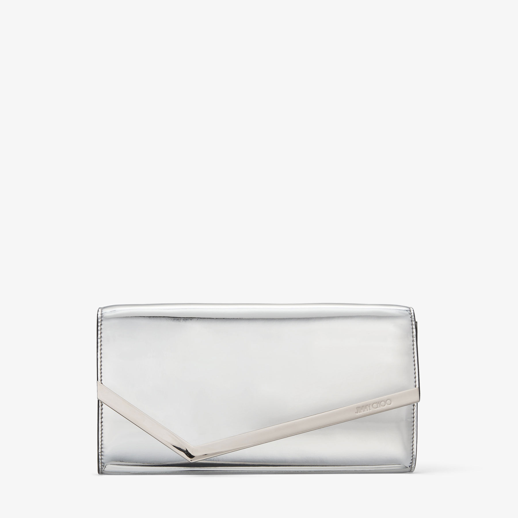 クラッチバッグ Jimmy Choo CLUTCH BAG (EMMIEIGT SILVER) EMMIE | Silver Mirror Fabric Clutch Bag | Summer Collection